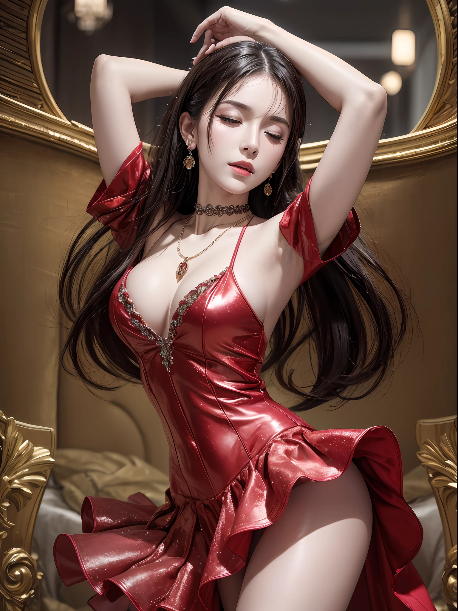 best quality, masterpiece, photo realistic, intricate details, raw photo, photon rendering, octane render, absurdres, ultra detailed, detailed face, detailed skin, trending on artstation, 8k masterpiece, cinematic lighting,trending on cg society,plasticien, a girl doing a ballet dance in a ballroom, closed eyes, glittering, dreamy, wear luxurious dress, necklace, earings, choker, vibrant dress, big breasts, mesmerizing body, chill, ((dance)), fullbody, full shot, in style of red and black