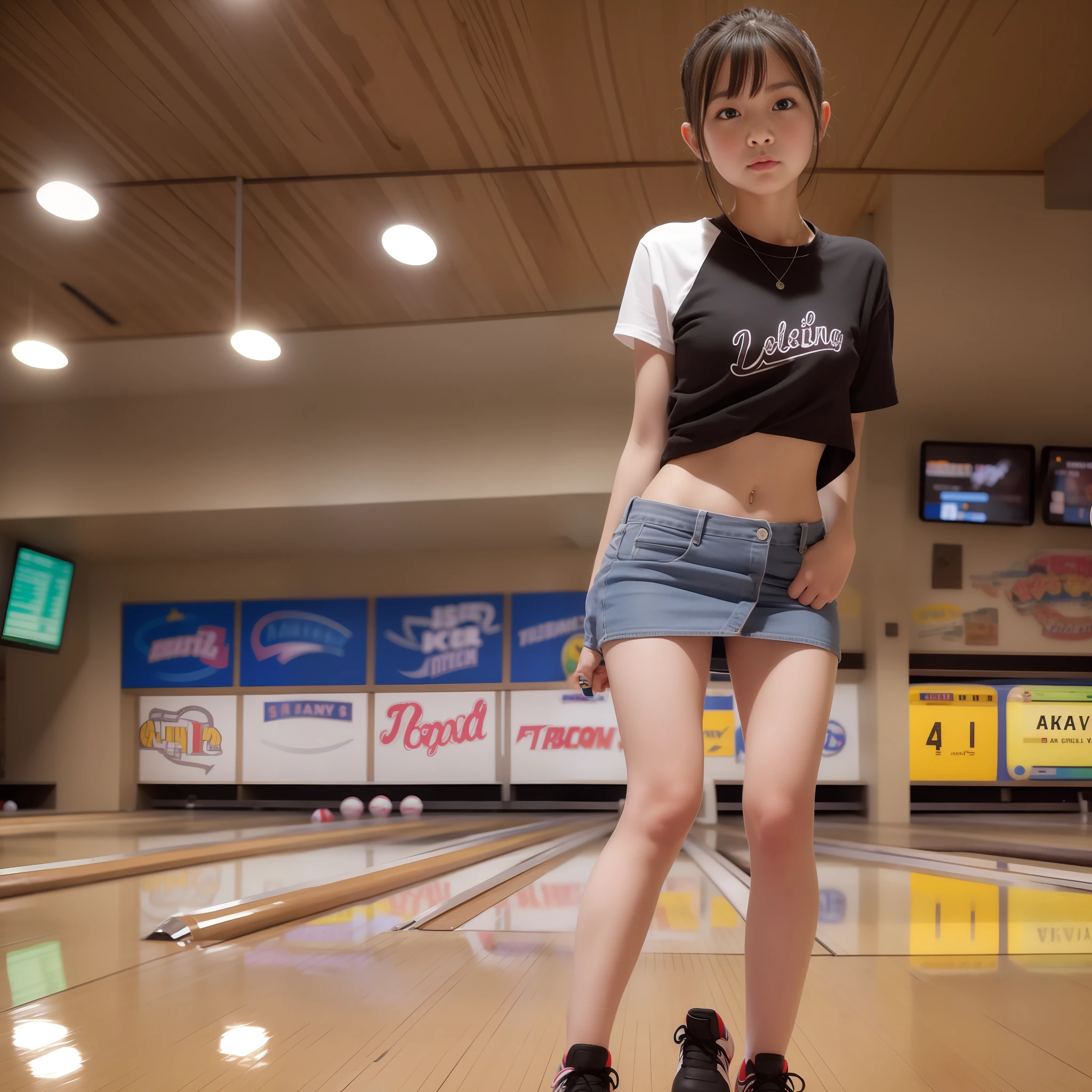 Playing in bowling alley, cute, in mini skirt, alone, full body