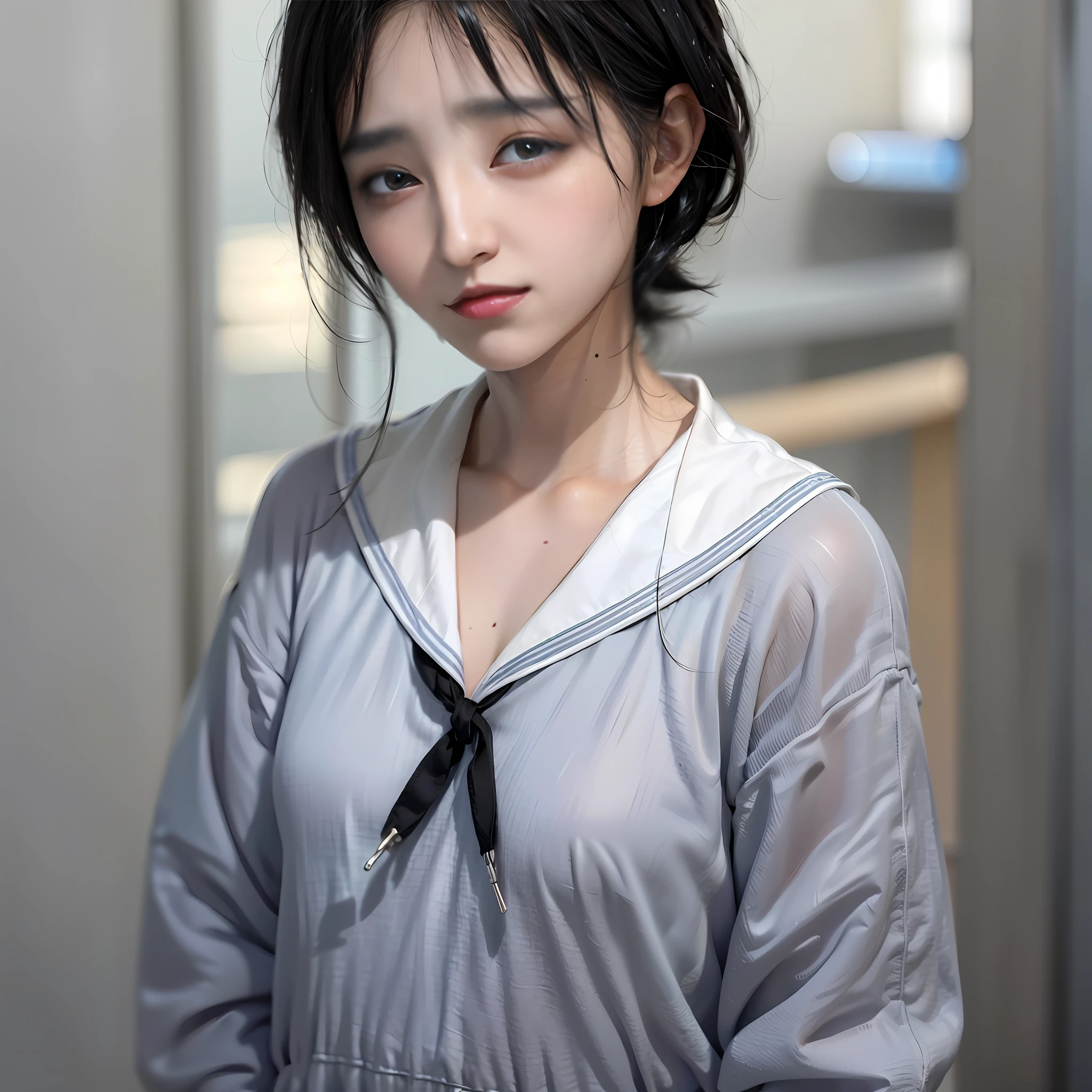 there is a woman that is standing in a room with a tie, xintong chen, with short hair, loose coat collar sailor uniform, realistic. cheng yi, sakimichan, ulzzang, cai xukun, sakimi chan, young cute wan asian face, black haired girl wearing hoodie, 🤤 girl portrait, girl cute-fine-face