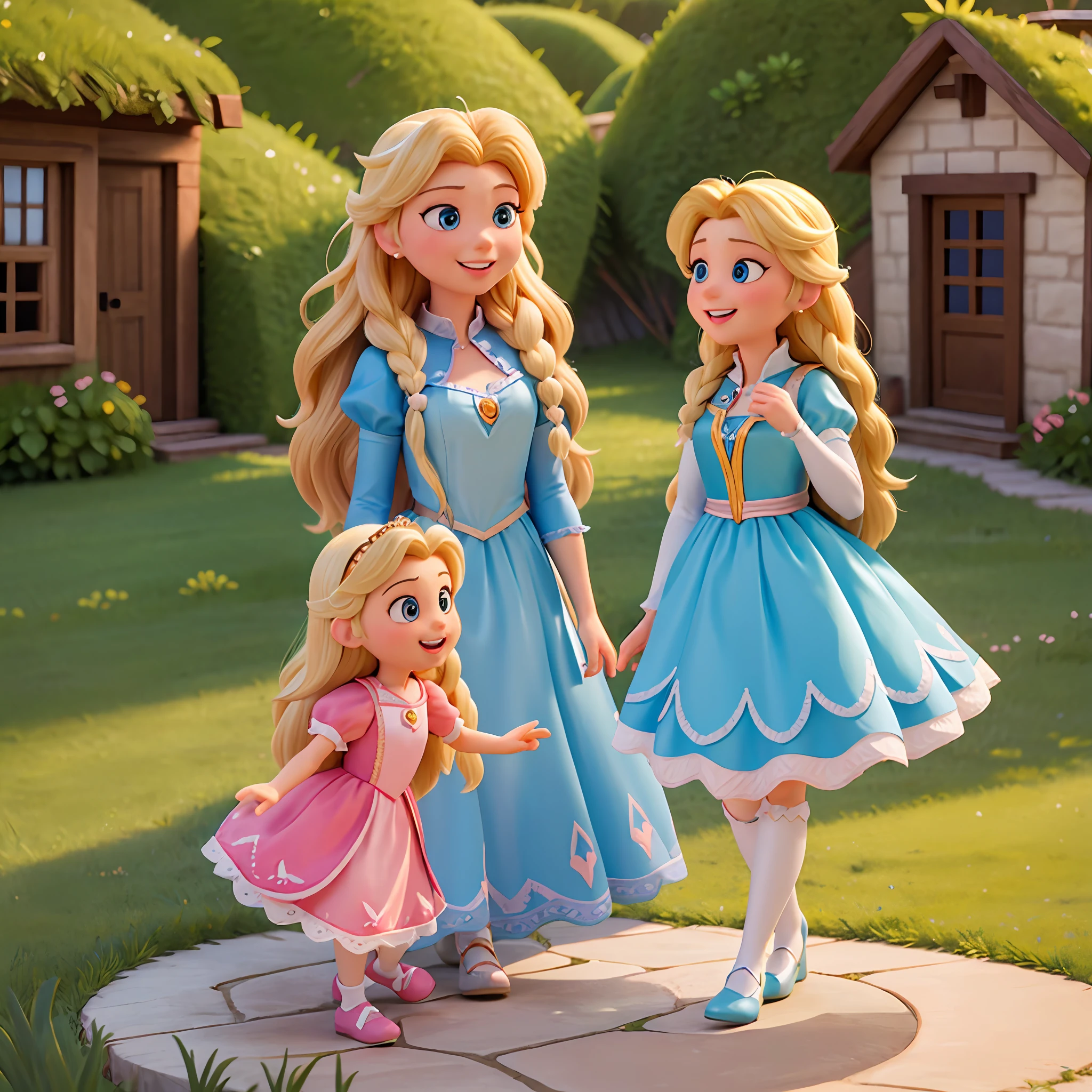 Masterpiece, best quality, (8k very detailed CG unit wallpaper) (best quality), (best illustration), (best shadows), Ultra realistic, high definition, very detailed, Disney princess Rapunzel in pink dress and blonde hair, is talking to Disney princess Elsa in blue dress and light yellow hair, in a valley cottage, both princess are smiling and happy and looking at each other, looking at each other’s face