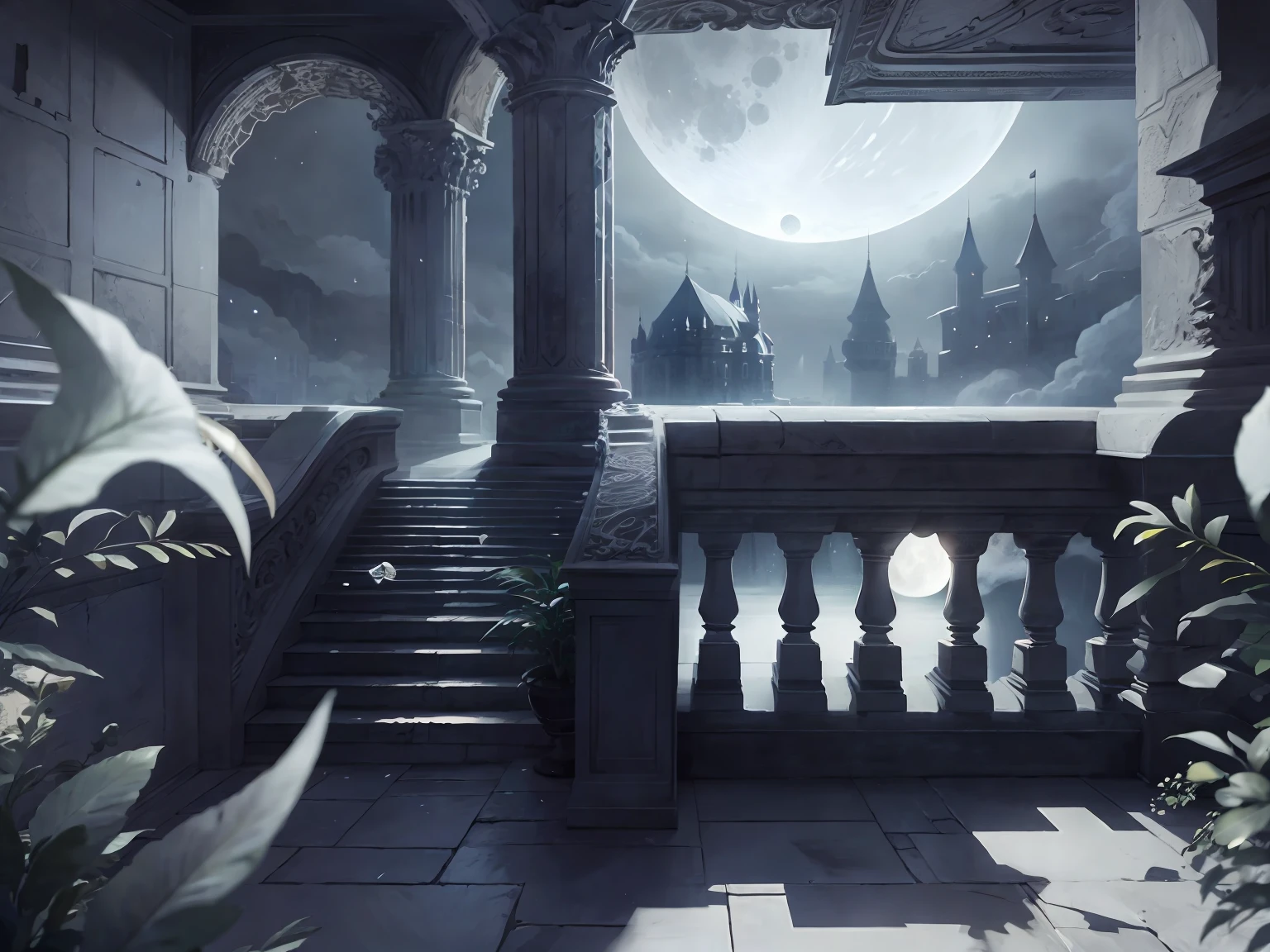 masterpiece, high quality, best quality, official art, beautiful and aesthetic, extremely detailed, Close-up of balcony with columns and full moon view, moon background, moonlight background, moonlit night, dreamy atmosphere, stunning arcanum background, gothic background, moonlit night, dark fantasy background, palace background, castle shadow background, atmospheric night, moonlit night, background artwork, night background