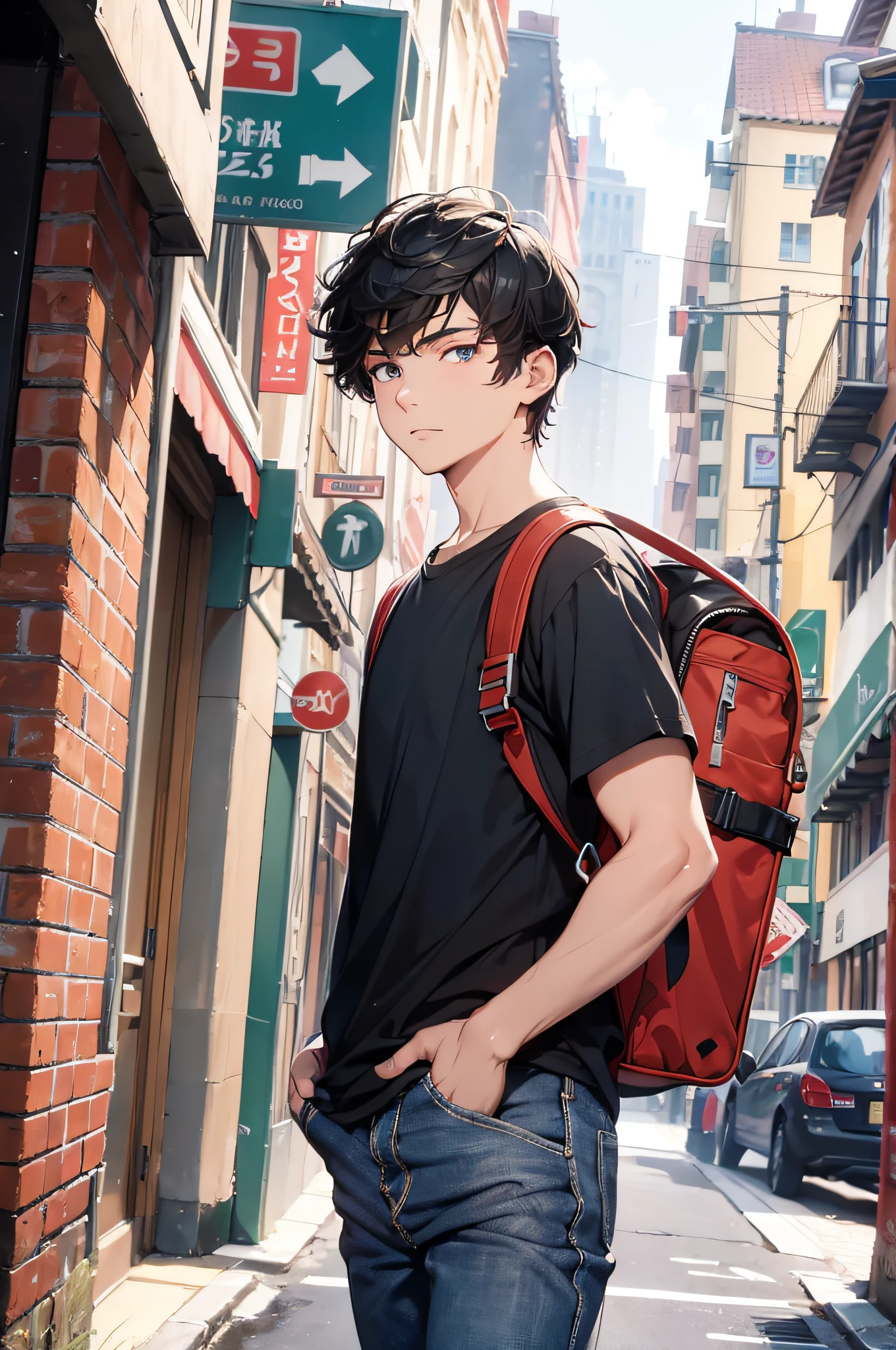 (absurdres, highres, ultra detailed), masterpiece, 1boy, solo. handsome. short hair, black hair, finely eye, detailed face, shirt. walking on street, backpack, from below