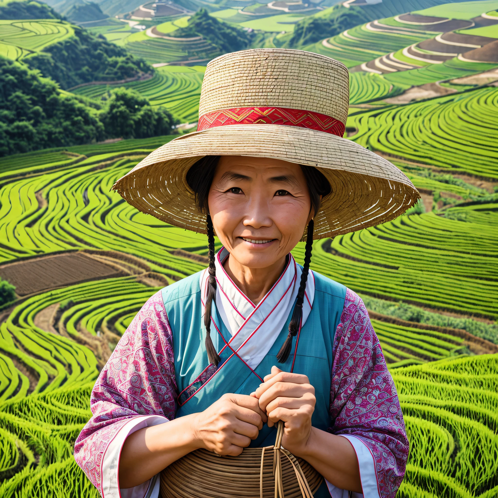 Chinese rural woman wearing a bundle of rice hat, old woman, chinese farmer, chinese harvest, farmer, chinese woman, beautiful sunny day, china with rice field, asian woman, very high quality, chinese rural travel, wonderful, chinese countryside, rice field, with happy expression, agriculture, rice, harvest, chinese woman, stylized photos