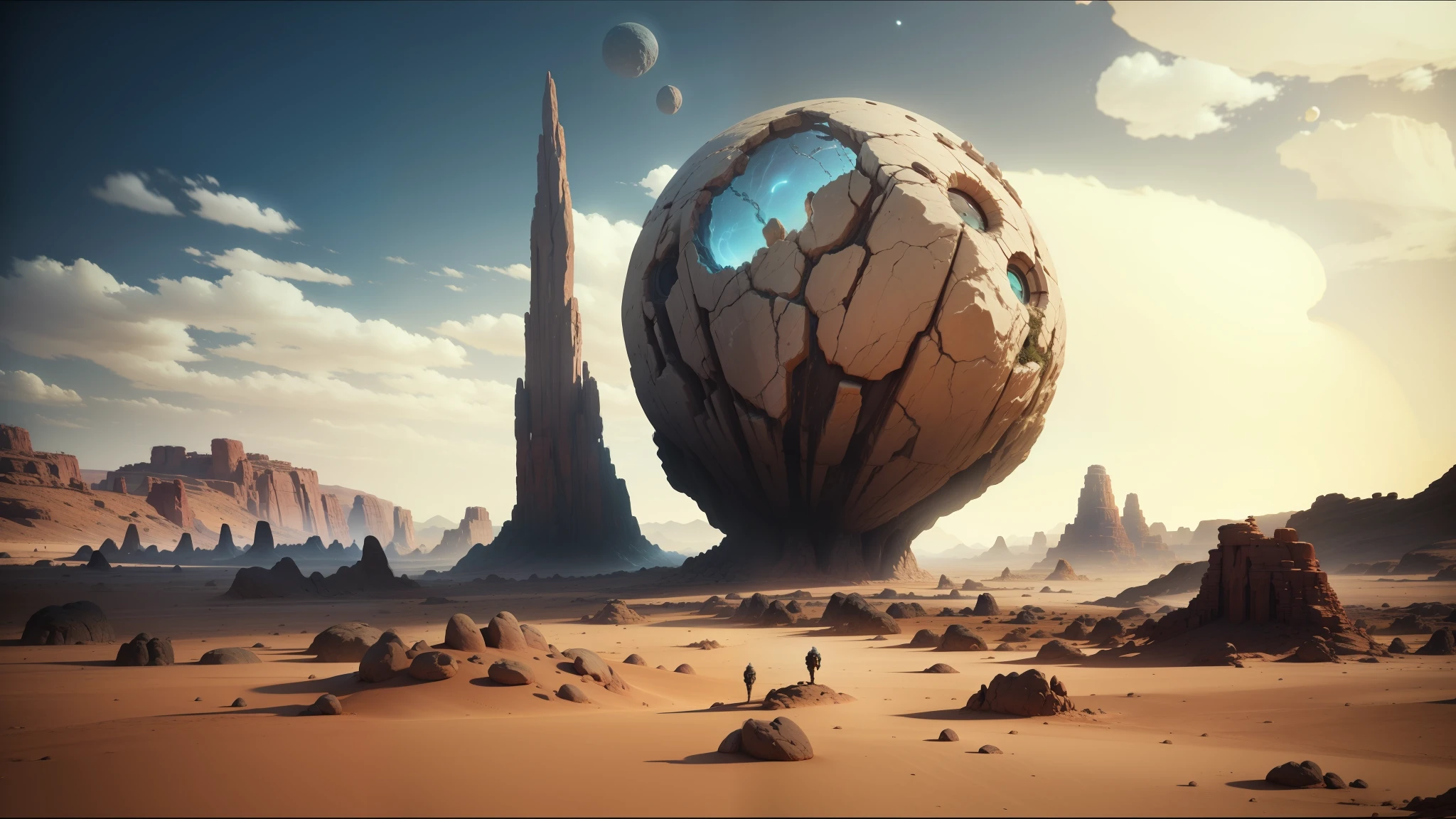 arafed rock formation in the desert with a large rock in the foreground, beeple and mike winkelmann, animated cinematography, psytrance and giger, desolate gloomy planet, floating spheres and shapes, shattered land, cinematic still frame, atlantis city --auto --s2