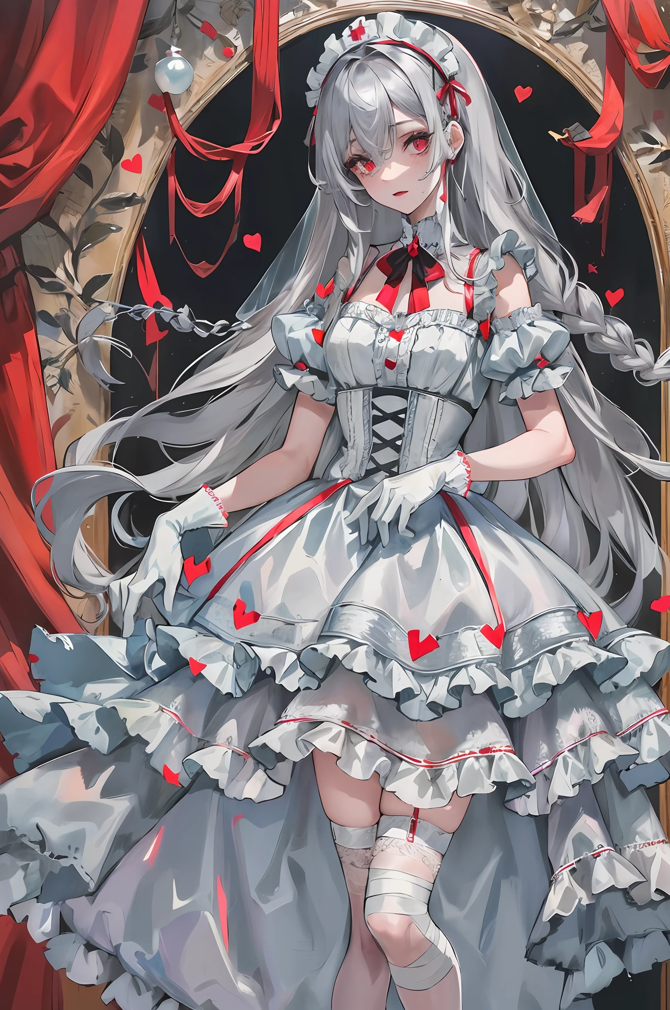 Laughing, sick, love in the eyes, blood, lots of dark red love heart decorations, love heart-shaped gemstones edged with pearls, white collarless dress skirt, collar with unique design, layered skirt, asymmetrical design, burnt at the end of the skirt, openwork at the end of the skirt, red Mary Jane shoes, gray-white openwork suspender stockings, nurse's dress style headdress, short skirt, culottes, frills, ruffles, maximalism, exquisite and complex design, white gloves, gothic, wedding dress, blood, bandages, long gray hair, sideburns are two thin braids, princess cut, Extreme details, delicate depiction, delicate depiction of hands, cold colors of the eyes,