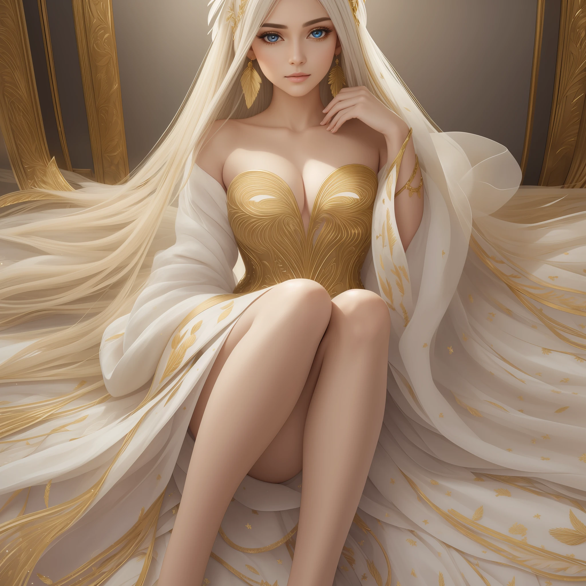 high resolution, best quality, masterpiece, very high image quality, ultra-detailed, hyperrealistic, 3d, solo, very Beautiful woman with gentle seductive calm face, white medium hair, high layer cut, mullet hair style, sparkling gold big eyes, perfect proportions, full body, feather robe, thin gold line embroidery --auto --s2