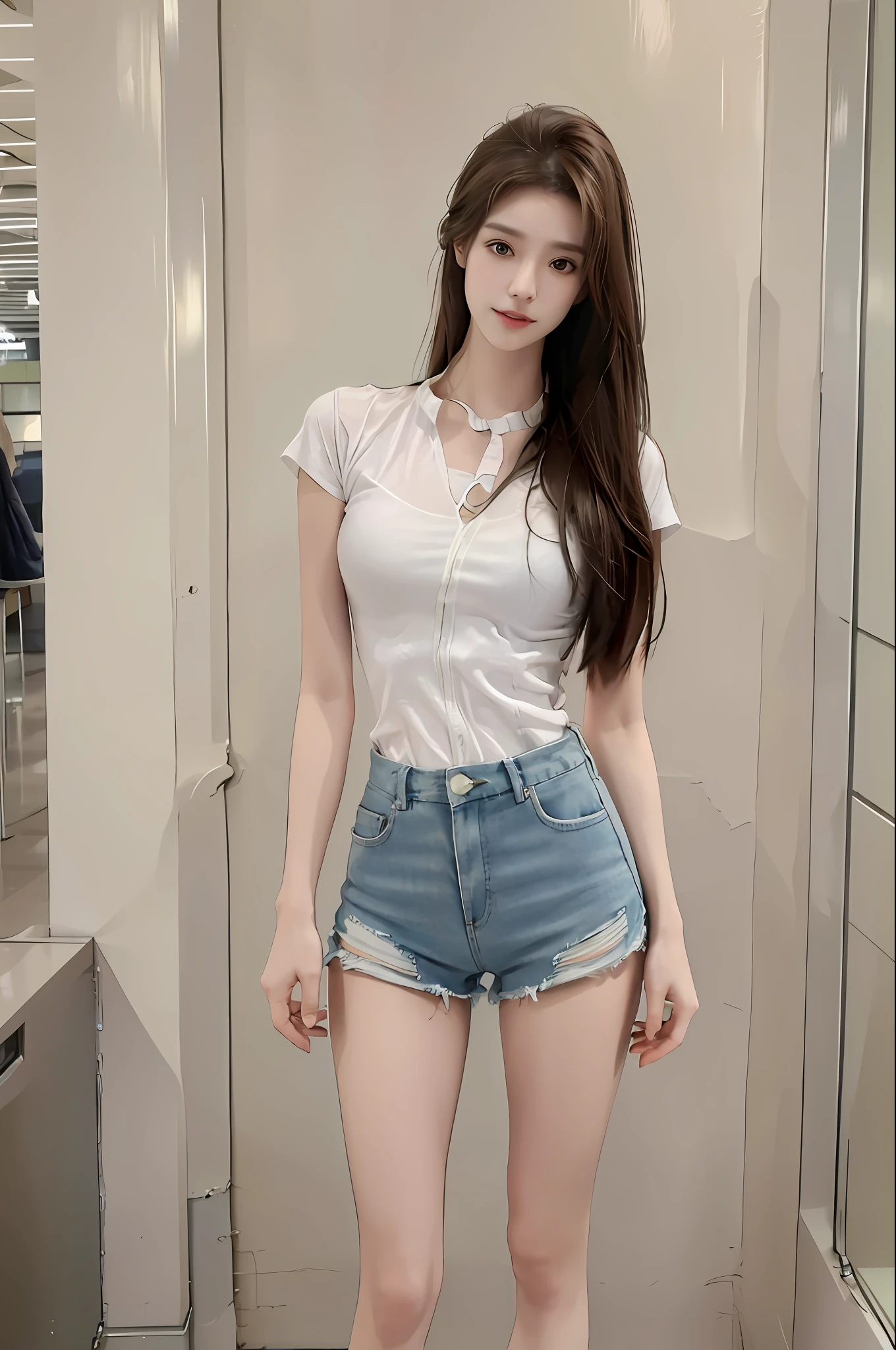 realistic, high resolution, 1 girl, long hair, korean,, loose white shirt, skinny denim shorts,, thighs, panties visible,