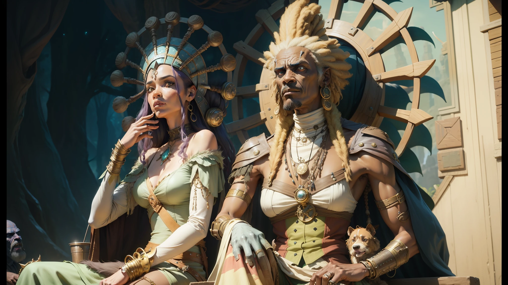 three people dressed in costumes sit on a step with a dog, highly detailed barlowe 8 k, african steampunk alchemist, cyberpunk angry gorgeous druid, in the croods movie style, still image from tv series, old humanoid ents, with a male pirate partner, quiet disdain, inspired by Ihor Podolchak, tusks --auto --s2