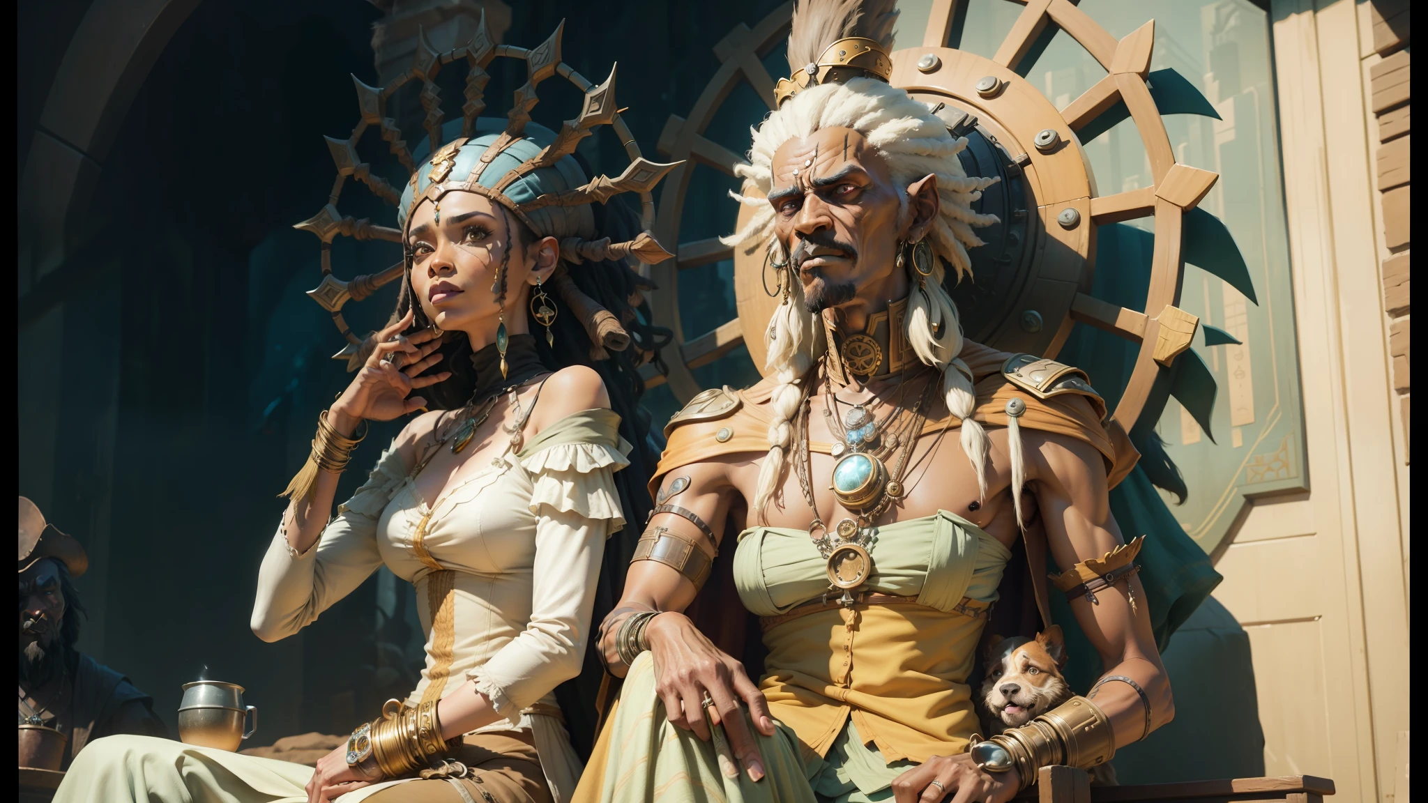 three people dressed in costumes sit on a step with a dog, highly detailed barlowe 8 k, african steampunk alchemist, cyberpunk angry gorgeous druid, in the croods movie style, still image from tv series, old humanoid ents, with a male pirate partner, quiet disdain, inspired by Ihor Podolchak, tusks --auto --s2
