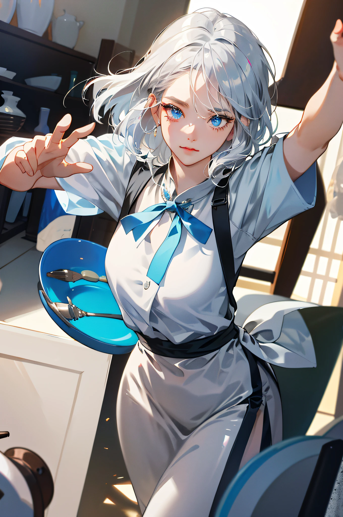 absurdres, highres, ultra detailed, 1girl, solo, extremely detailed eyes, silver hair, medium hair, light blue eyes, , Pottery_class,, arm grab