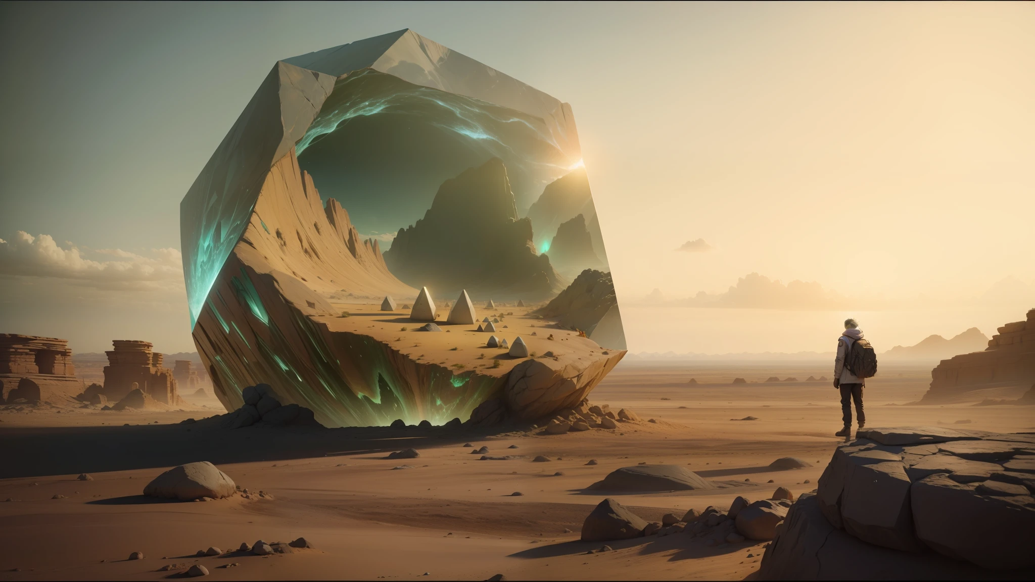 there is a man standing in front of a large rock in the desert, beeple and mike winkelmann, cymatics. auditory symbiogenesis, crown of giant diamonds, from a 2 0 1 9 sci fi 8 k movie, anime keyframe, platonic solids, pinterest render, anamorphic widescreen, hyperrealism. fantasy 4k --auto --s2