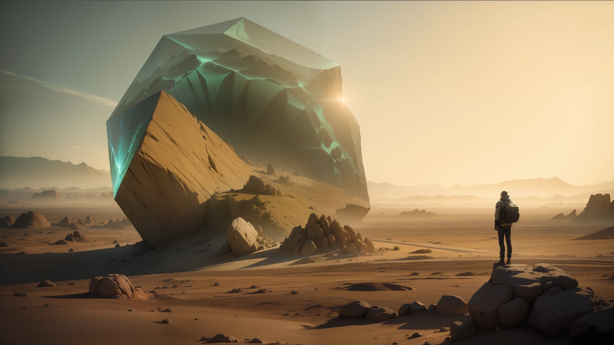 there is a man standing in front of a large rock in the desert, beeple and mike winkelmann, cymatics. auditory symbiogenesis, crown of giant diamonds, from a 2 0 1 9 sci fi 8 k movie, anime keyframe, platonic solids, pinterest render, anamorphic widescreen, hyperrealism. fantasy 4k --auto --s2