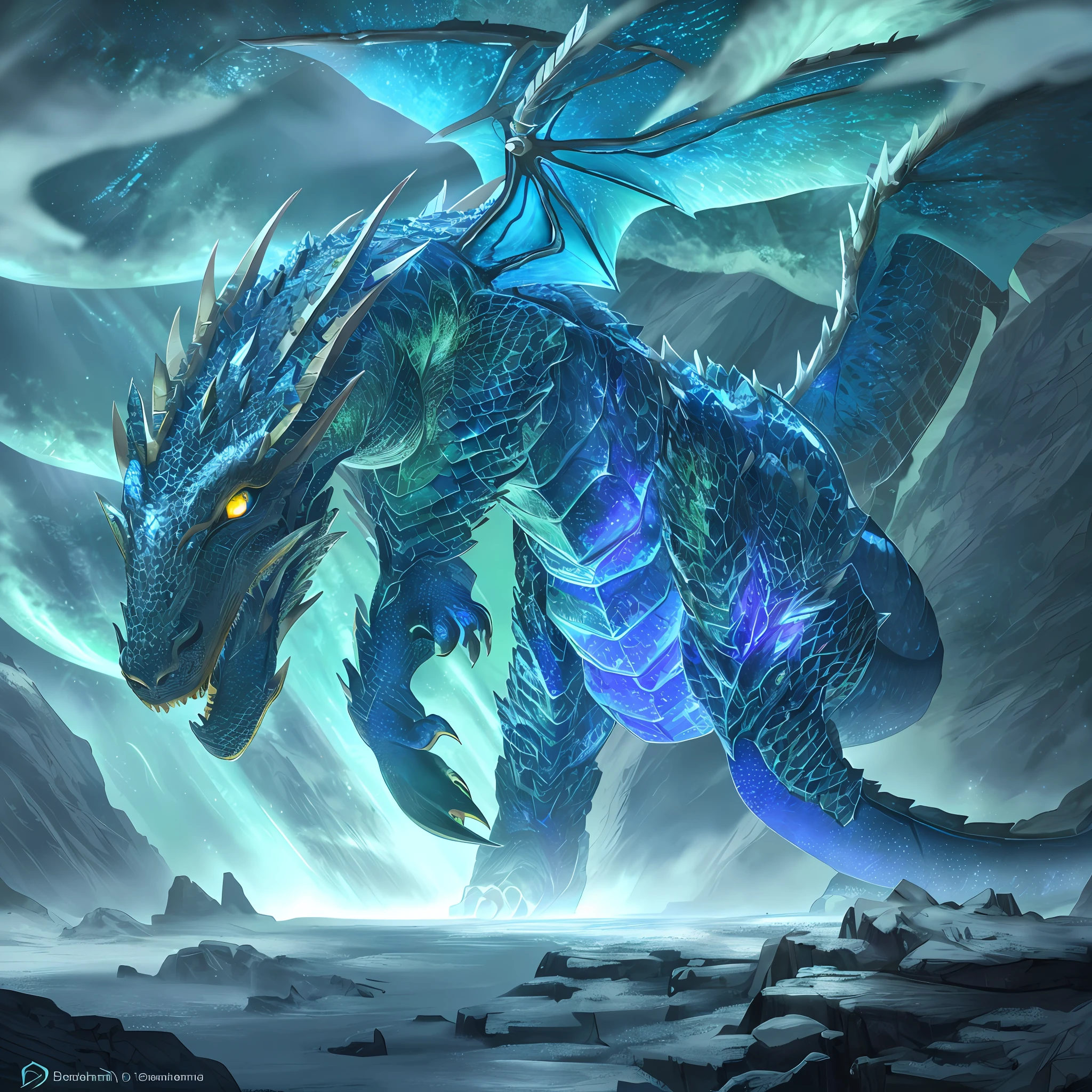 Generate high-quality, realistic AI images of majestic dragons with iridescent scales, towering inside a dimly lit mythical cave. The cave is adorned with glittering stalactites and stalagmites, casting an ethereal hue of blue and green throughout the cave. A soft glow emanates from the dragon's fiery breath, illuminating its surroundings and highlighting the intricate details of its rugged scales and keen eyes. The dragon shines in iridescent colors and emits a divine aura. The dragon's massive wings are partially spread, creating an imposing presence guarding a treasury surrounded by shimmering stalagmites. The atmosphere is filled with a sense of ancient mystery and anticipation of a formidable encounter with this legendary creature. Make sure the AI images capture the essence of this scene, showing amazing realism and attention to detail.