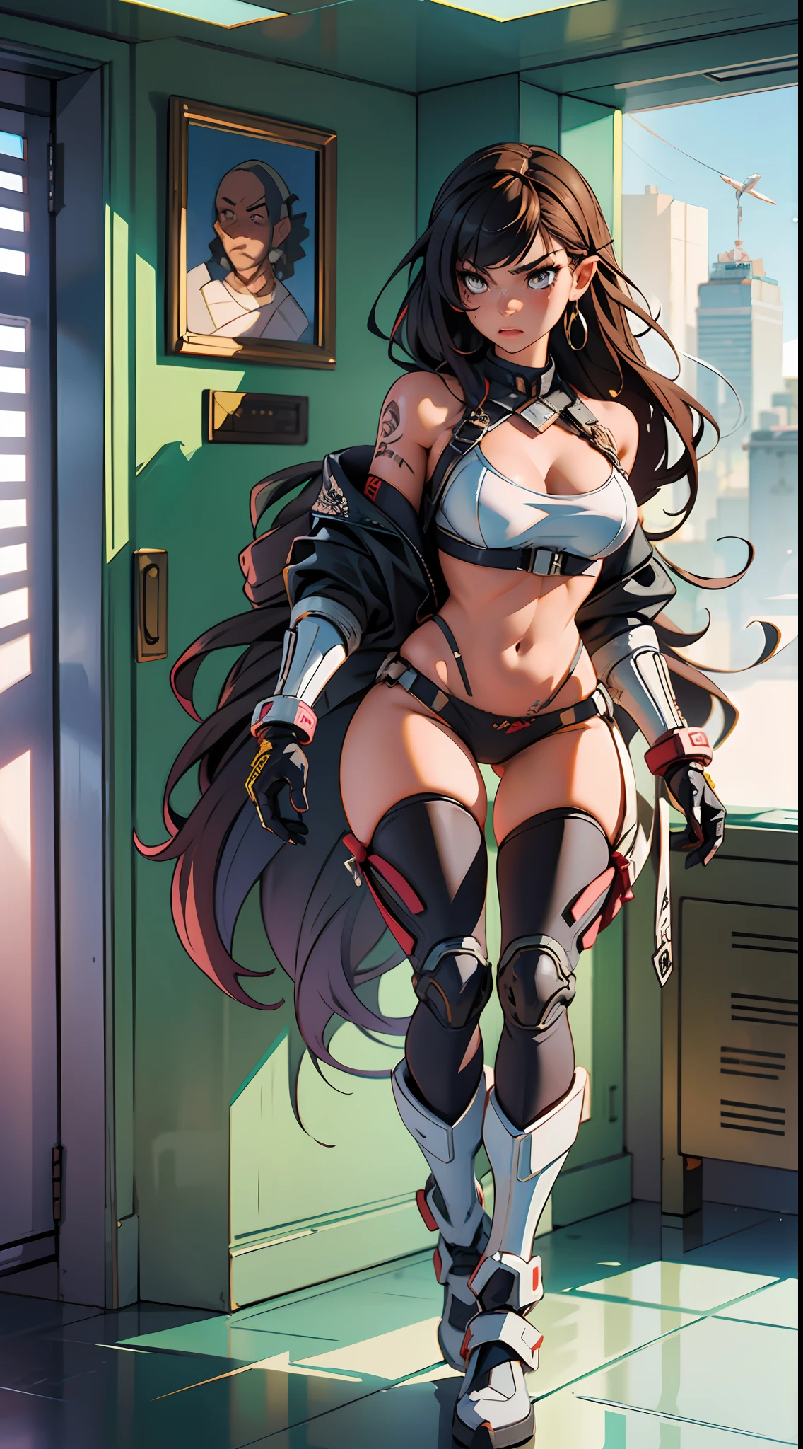 Cyborg girl, beautiful body, aesthetics of the female body, space robber, upholstered with leather straps, black and white skin, bandages on the body, bandaged wounds, angry and preparing for battle, steampunk armor details, tattoos on the body, full-length, full body, space, ship cabin, a lot of details, meticulous detailing, ultra detailing, the atmosphere of a good fairy tale