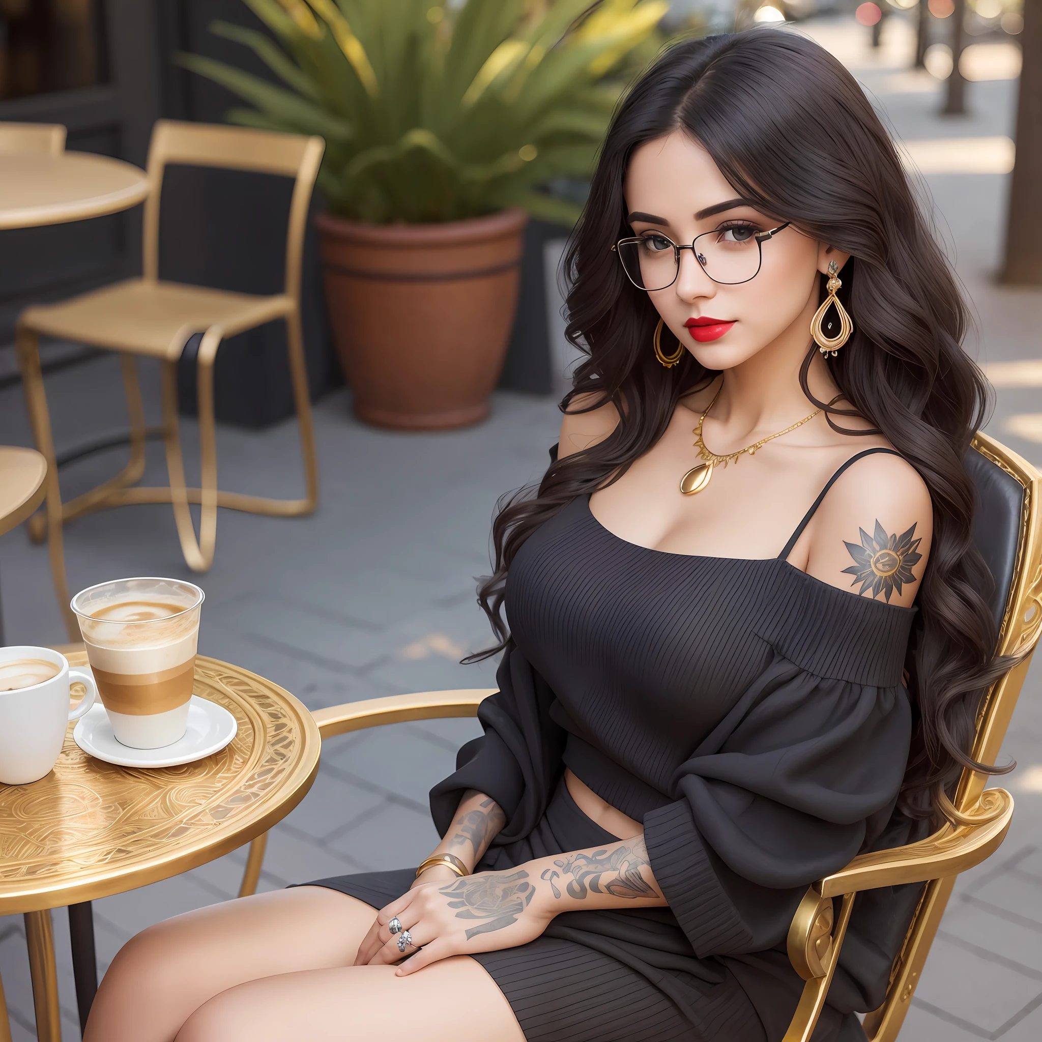 A 22-year-old sunny beautiful royal sister, beautiful eyes, gold wire glasses, realistic face, delicate and complete facial features, rosy lips, beautiful and handsome, black wavy long hair, charming temperament, extreme details, realistic details, huge breasts wrapped around the chest, off-the-shoulder sweater, bright tight trousers, high heels, greeting the sun, sitting on a chair outside the coffee shop, master works, earrings, tattoos, red lips, necklace, delicate facial features, sharp temperament Then select generic model 3:4, theme selection task photo, style selection modern , ultra-wide angle, ultra-close-up, 4K, ultra HD, DSLR --auto --s2