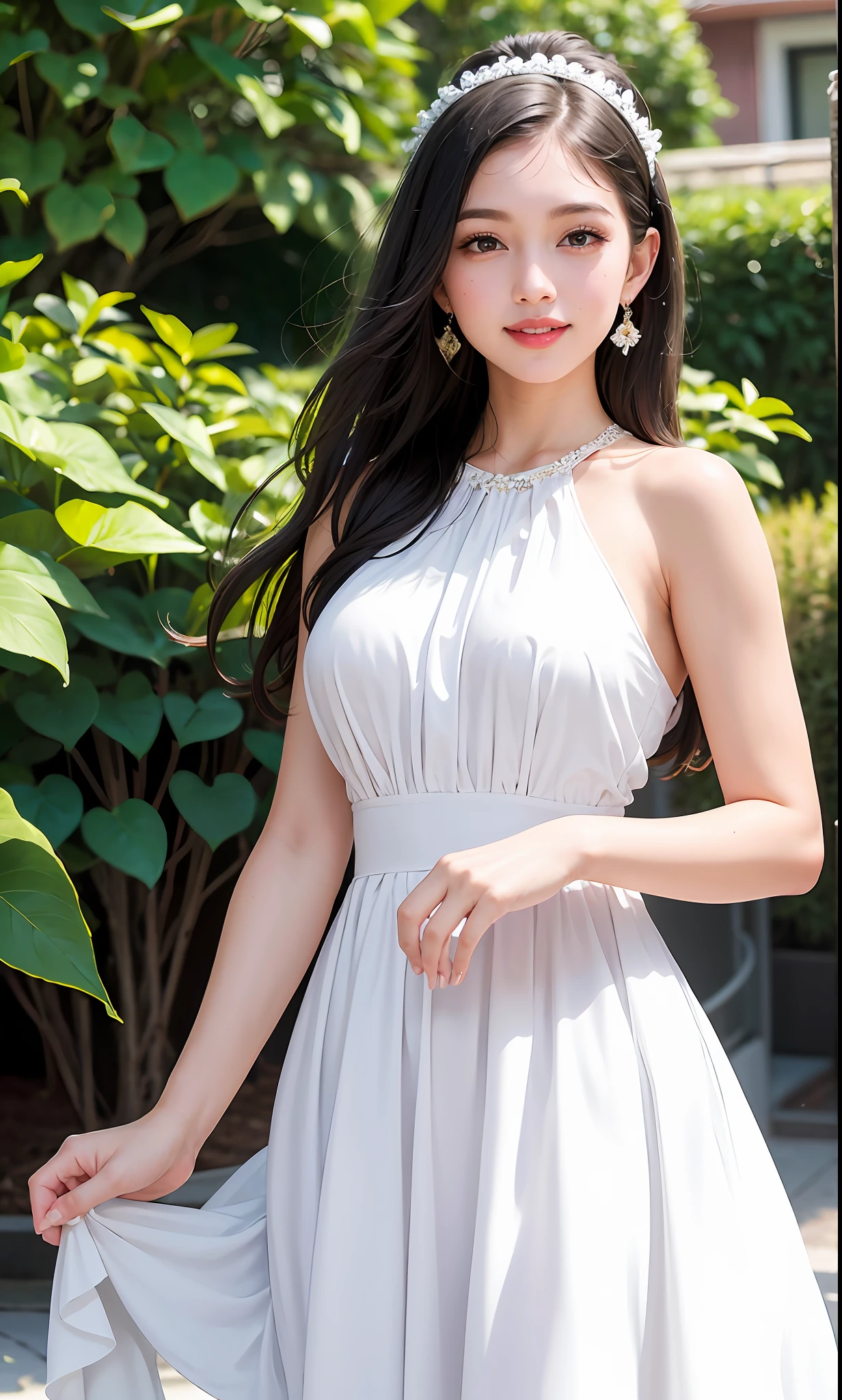 (8k, RAW photos, best quality, High resolution: 1.1), (surreal: 1.4), (realistic, realistic: 1.3), soft light, girl, realistic face, realistic body, realistic skin, absurdity, masterpiece, (cute: 1.8), cute, solo, (: 1.2), detailed black eyes, innocent eyes, blush, lady, oversized bust, (white long dress: 1.2), movie lights, film grain, jewelry, earrings, ((medium hair: 1.1)), (floating hair nova frog style)), cherry lips, headband, hair bow, ponytail, viewer, long hair, open lips, upper teeth, (smiling eyes: 0.6 ), ((grin: 1.2)), depth of field, blurred background, eye focus, bokeh, youth, 85mm lens, f/1.4, professional lighting, youth, photon mapping, radiosity, physically based rendering, braless