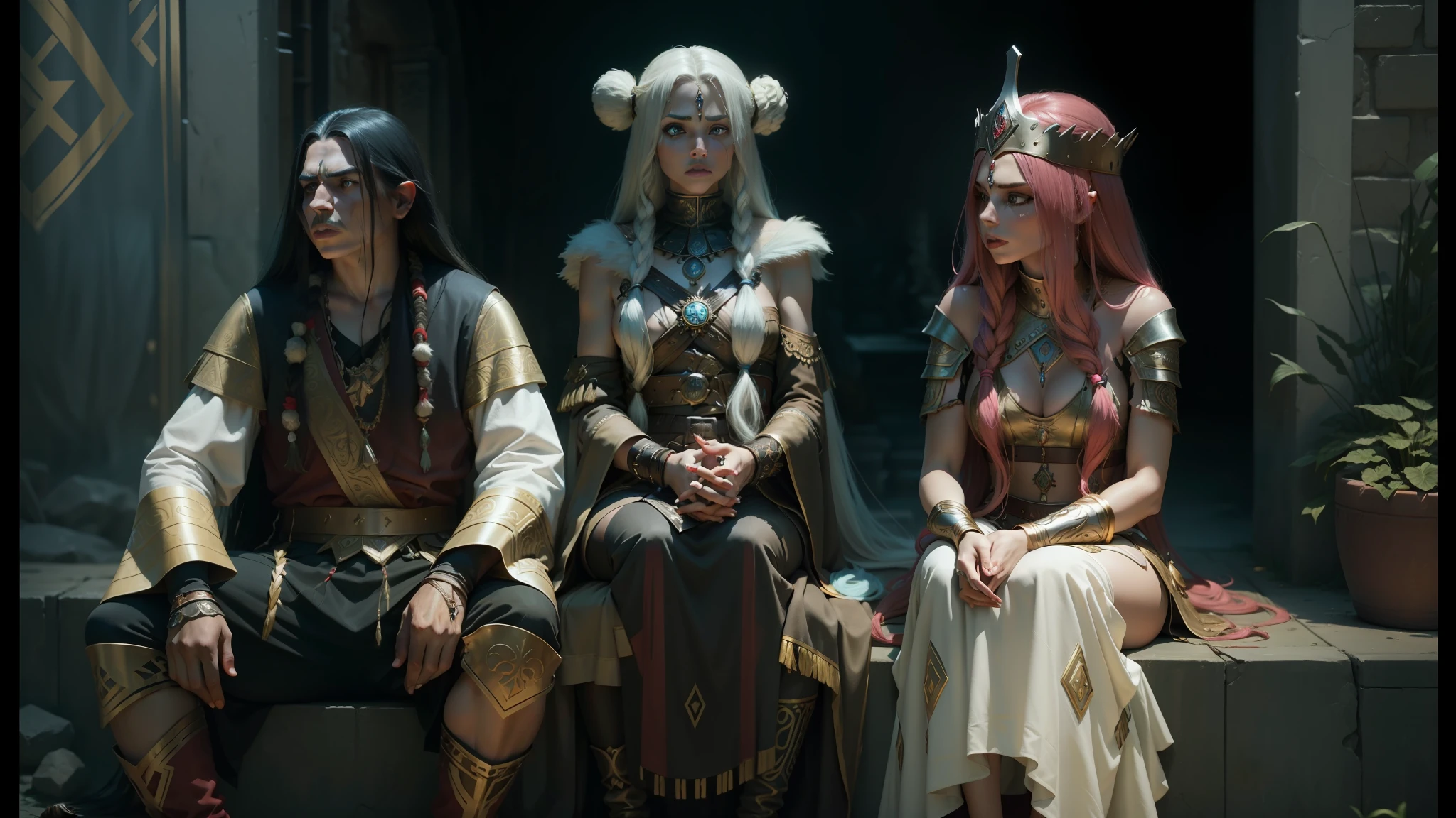 a close up of three people with long hair and headdress, cinematic color grading, dark elf princess, yulia nevskaya, rammstein, avatar with a blond hair, aztec empress, nephilim, asterix, rack focus, ukrainian girl, ancient --auto --s2