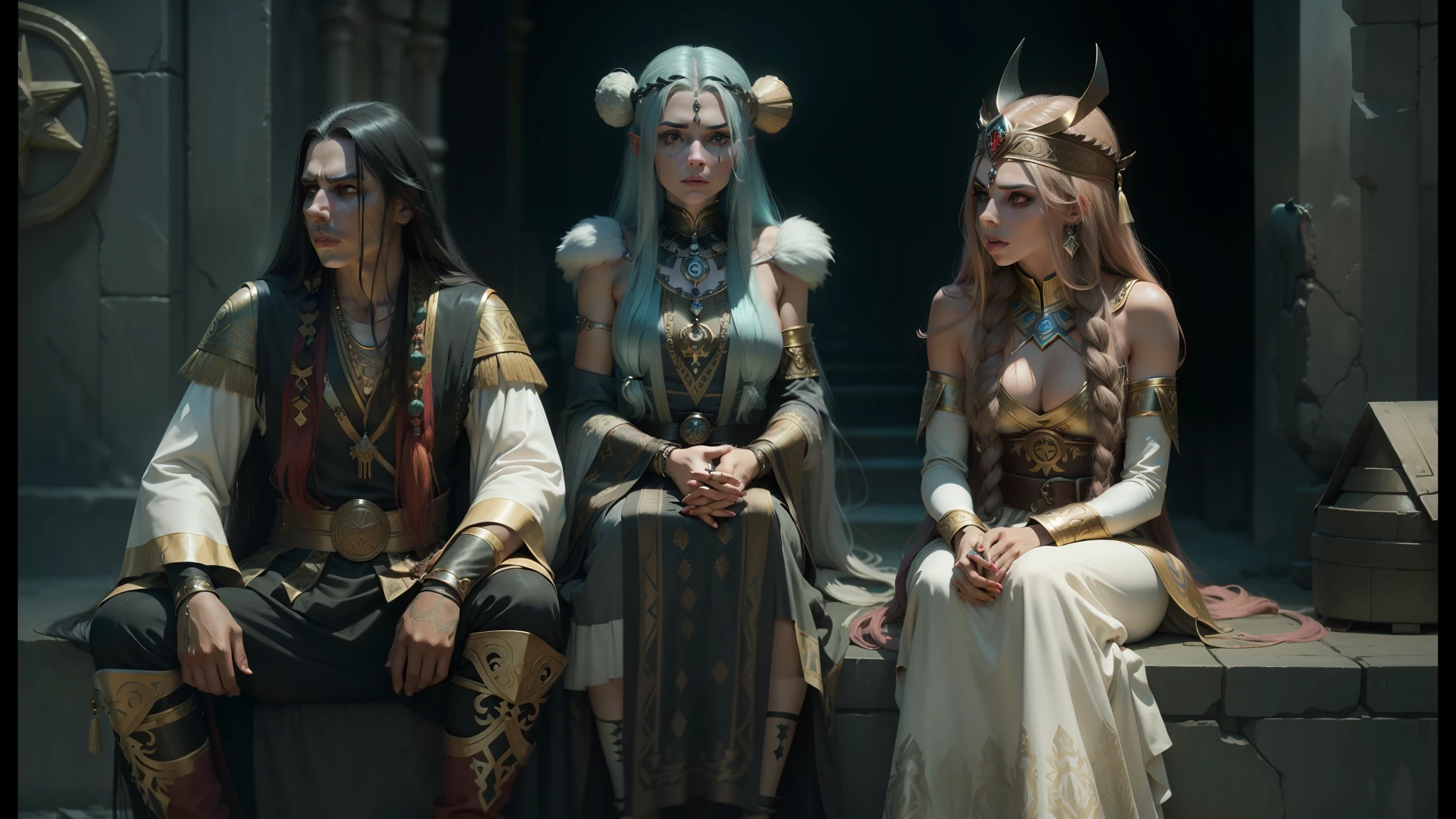 a close up of three people with long hair and headdress, cinematic color grading, dark elf princess, yulia nevskaya, rammstein, avatar with a blond hair, aztec empress, nephilim, asterix, rack focus, ukrainian girl, ancient --auto --s2