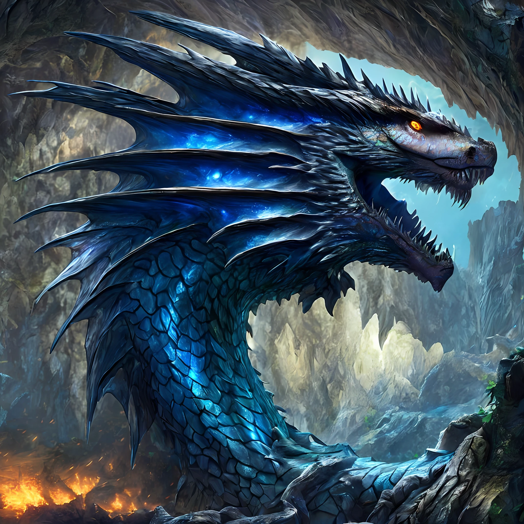 Please generate a high-quality, realistic AI image of a majestic dragon with iridescent scales, towering inside a dimly lit mythical cave. The cave is adorned with glittering stalactites and stalagmites, casting ethereal hues of blue and green throughout the cavern. A soft glow emanates from the dragon's fiery breath, illuminating the surrounding area and highlighting the intricate details of its rugged scales and piercing eyes. The dragon's massive wings are partially unfurled, creating an imposing presence as it guards its treasure hoard nestled amidst the gleaming stalagmites. The atmosphere is filled with a sense of ancient mystery and the anticipation of a formidable encounter with this legendary creature. Please ensure that the AI image captures the essence of this scene, displaying remarkable realism and attention to detail.
