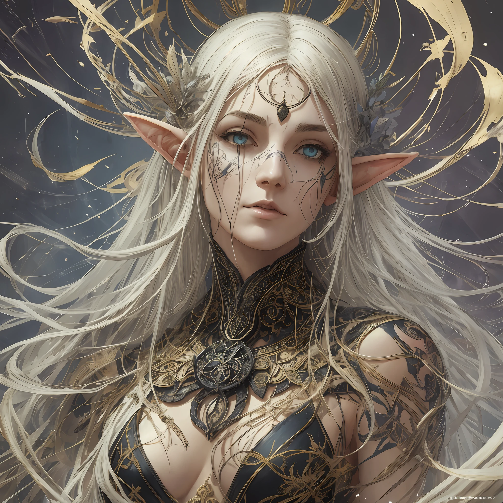 a beautiful full figure painting of perfect female elf woman, shapeless long hair, black hair, white hair, huge mammaries, perfect features, wearing Rococo style dress, art by Carne Griffiths and Wadim Kashin Concept art, ethereal background, abstract beauty, stand, near perfection, pure form, Golden Ratio, minimalism, unfinished, concept art, By Brian Froud and Carne Griffiths and Wadim Kashin and John William Waterhouse, intricate detail, 8k post-production, High resolution, super Detail, art station Trends, sharp focus, studio photos, intricate detail, Very detailed, By Greg Rutkowski heads, two faces, plastic, Deformed, blurry, bad anatomy, bad eyes, crossed eyes, disfigured, poorly drawn face, mutation, mutated, extra limb, ugly, poorly drawn hands, missing limb, blurry, floating limbs, disconnected limbs, malformed hands, blur, out of focus, long neck, long body, mutated hands and fingers, out of frame, blender, doll, cropped, low-res, poorly-drawn face, out of frame double, blurred, ugly, too many fingers, deformed, repetitive, black and white, grainy, bad anatomy, airbrush, bad proportions , blind, bad eyes, ugly eyes, dead eyes, blur, vignette, out of shot, out of focus, gaussian, monochrome, duplicate, watermark, signature, text, ugly, morbid, mutated, long neck, hazy eyes, bad eyes, Marijuana eyes, heroin eyes, bad anatomy, bad hands, error, missing fingers, extra digit, fewer digits, cropped, worst quality, low quality, normal quality, jpeg artefacts, signature, watermark, username --auto --s2