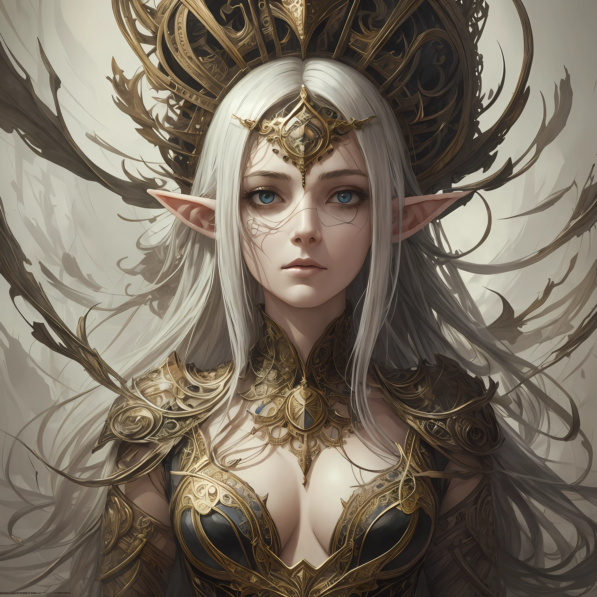 a beautiful full figure painting of perfect female elf woman, shapeless long hair, black hair, white hair, huge mammaries, perfect features, wearing Rococo style dress, art by Carne Griffiths and Wadim Kashin Concept art, ethereal background, abstract beauty, stand, near perfection, pure form, Golden Ratio, minimalism, unfinished, concept art, By Brian Froud and Carne Griffiths and Wadim Kashin and John William Waterhouse, intricate detail, 8k post-production, High resolution, super Detail, art station Trends, sharp focus, studio photos, intricate detail, Very detailed, By Greg Rutkowski heads, two faces, plastic, Deformed, blurry, bad anatomy, bad eyes, crossed eyes, disfigured, poorly drawn face, mutation, mutated, extra limb, ugly, poorly drawn hands, missing limb, blurry, floating limbs, disconnected limbs, malformed hands, blur, out of focus, long neck, long body, mutated hands and fingers, out of frame, blender, doll, cropped, low-res, poorly-drawn face, out of frame double, blurred, ugly, too many fingers, deformed, repetitive, black and white, grainy, bad anatomy, airbrush, bad proportions , blind, bad eyes, ugly eyes, dead eyes, blur, vignette, out of shot, out of focus, gaussian, monochrome, duplicate, watermark, signature, text, ugly, morbid, mutated, long neck, hazy eyes, bad eyes, Marijuana eyes, heroin eyes, bad anatomy, bad hands, error, missing fingers, extra digit, fewer digits, cropped, worst quality, low quality, normal quality, jpeg artefacts, signature, watermark, username --auto --s2