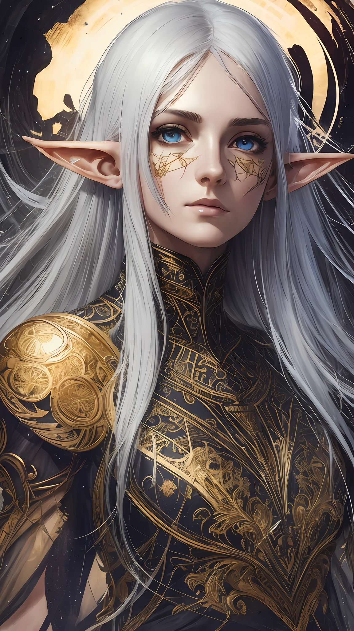 a beautiful full figure painting of perfect female elf woman, shapeless long hair, black hair, white hair, huge mammaries, perfect features, wearing Rococo style dress, art by Carne Griffiths and Wadim Kashin Concept art, ethereal background, abstract beauty, stand, near perfection, pure form, Golden Ratio, minimalism, unfinished, concept art, By Brian Froud and Carne Griffiths and Wadim Kashin and John William Waterhouse, intricate detail, 8k post-production, High resolution, super Detail, art station Trends, sharp focus, studio photos, intricate detail, Very detailed, By Greg Rutkowski heads, two faces, plastic, Deformed, blurry, bad anatomy, bad eyes, crossed eyes, disfigured, poorly drawn face, mutation, mutated, extra limb, ugly, poorly drawn hands, missing limb, blurry, floating limbs, disconnected limbs, malformed hands, blur, out of focus, long neck, long body, mutated hands and fingers, out of frame, blender, doll, cropped, low-res, poorly-drawn face, out of frame double, blurred, ugly, too many fingers, deformed, repetitive, black and white, grainy, bad anatomy, airbrush, bad proportions , blind, bad eyes, ugly eyes, dead eyes, blur, vignette, out of shot, out of focus, gaussian, monochrome, duplicate, watermark, signature, text, ugly, morbid, mutated, long neck, hazy eyes, bad eyes, Marijuana eyes, heroin eyes, bad anatomy, bad hands, error, missing fingers, extra digit, fewer digits, cropped, worst quality, low quality, normal quality, jpeg artefacts, signature, watermark, username --auto --s2