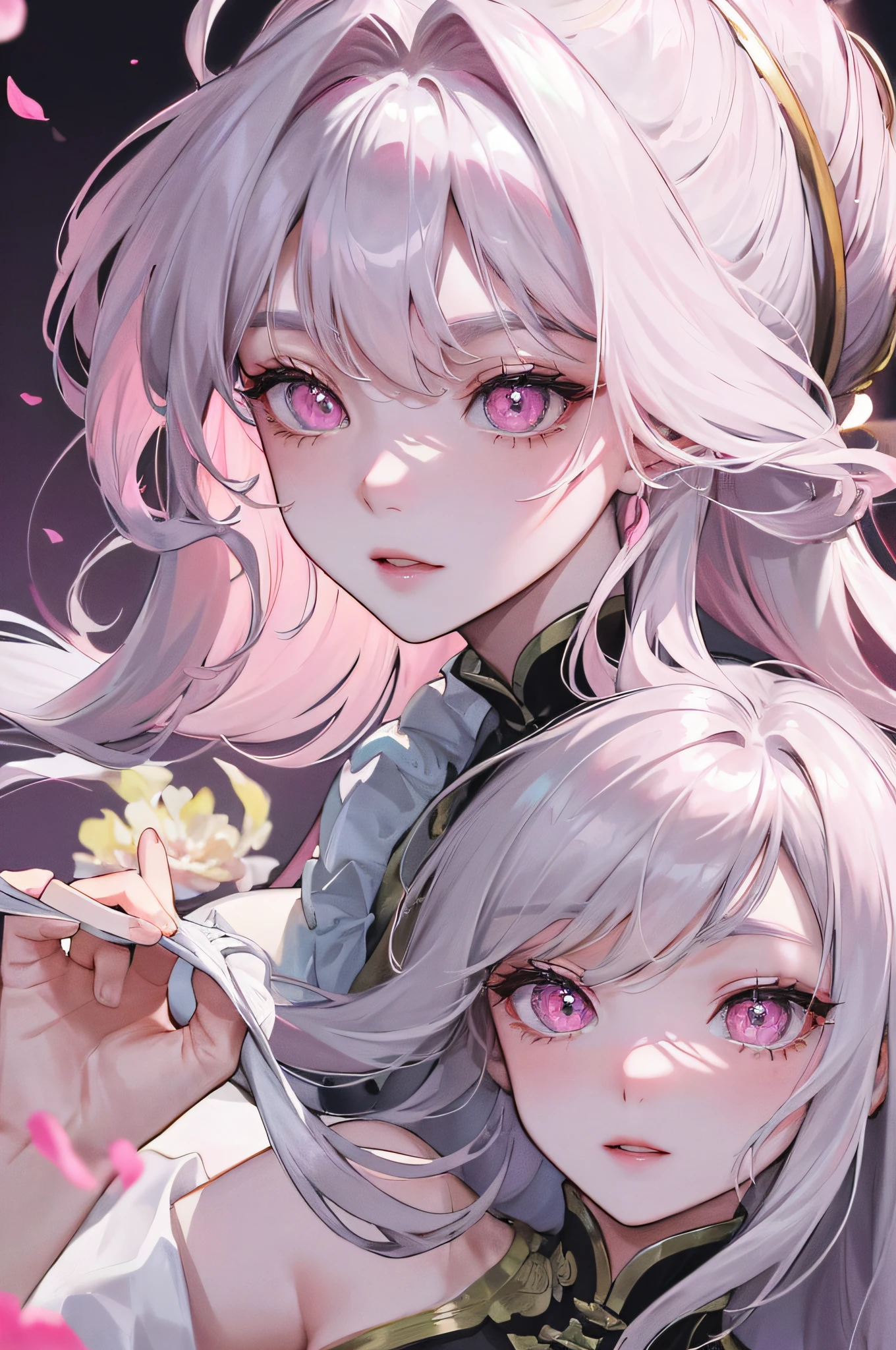 8K Masterpiece Superb Night Full Moon 1 Woman Chinese Style Chinese Architecture Mature Woman Sister Silver White Long Hair Woman Long Hair Light Pink Lips Calm Rational Bangs Gray Pupils Pink Flowers on Head, Flower Background, Petals Dancing, Delicate Face, Hands Back, Close Up