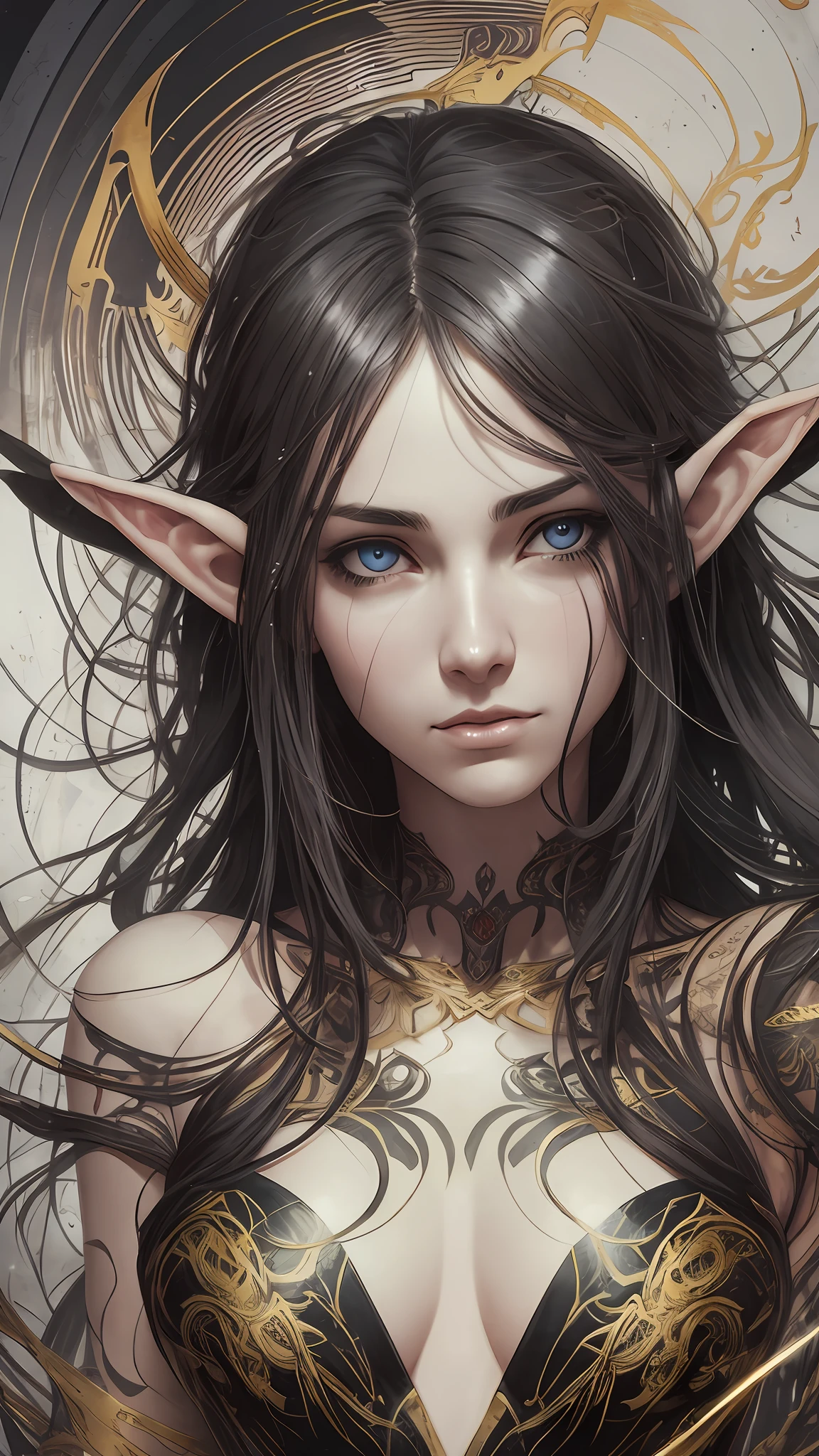 a beautiful full figure painting of perfect female elf woman, shapeless long hair, black hair, white hair, huge mammaries, perfect features, wearing Rococo style dress, art by Carne Griffiths and Wadim Kashin Concept art, ethereal background, abstract beauty, stand, near perfection, pure form, Golden Ratio, minimalism, unfinished, concept art, By Brian Froud and Carne Griffiths and Wadim Kashin and John William Waterhouse, intricate detail, 8k post-production, High resolution, super Detail, art station Trends, sharp focus, studio photos, intricate detail, Very detailed, By Greg Rutkowski heads, two faces, plastic, Deformed, blurry, bad anatomy, bad eyes, crossed eyes, disfigured, poorly drawn face, mutation, mutated, extra limb, ugly, poorly drawn hands, missing limb, blurry, floating limbs, disconnected limbs, malformed hands, blur, out of focus, long neck, long body, mutated hands and fingers, out of frame, blender, doll, cropped, low-res, poorly-drawn face, out of frame double, blurred, ugly, too many fingers, deformed, repetitive, black and white, grainy, bad anatomy, airbrush, bad proportions , blind, bad eyes, ugly eyes, dead eyes, blur, vignette, out of shot, out of focus, gaussian, monochrome, duplicate, watermark, signature, text, ugly, morbid, mutated, long neck, hazy eyes, bad eyes, Marijuana eyes, heroin eyes, bad anatomy, bad hands, error, missing fingers, extra digit, fewer digits, cropped, worst quality, low quality, normal quality, jpeg artefacts, signature, watermark, username --auto --s2