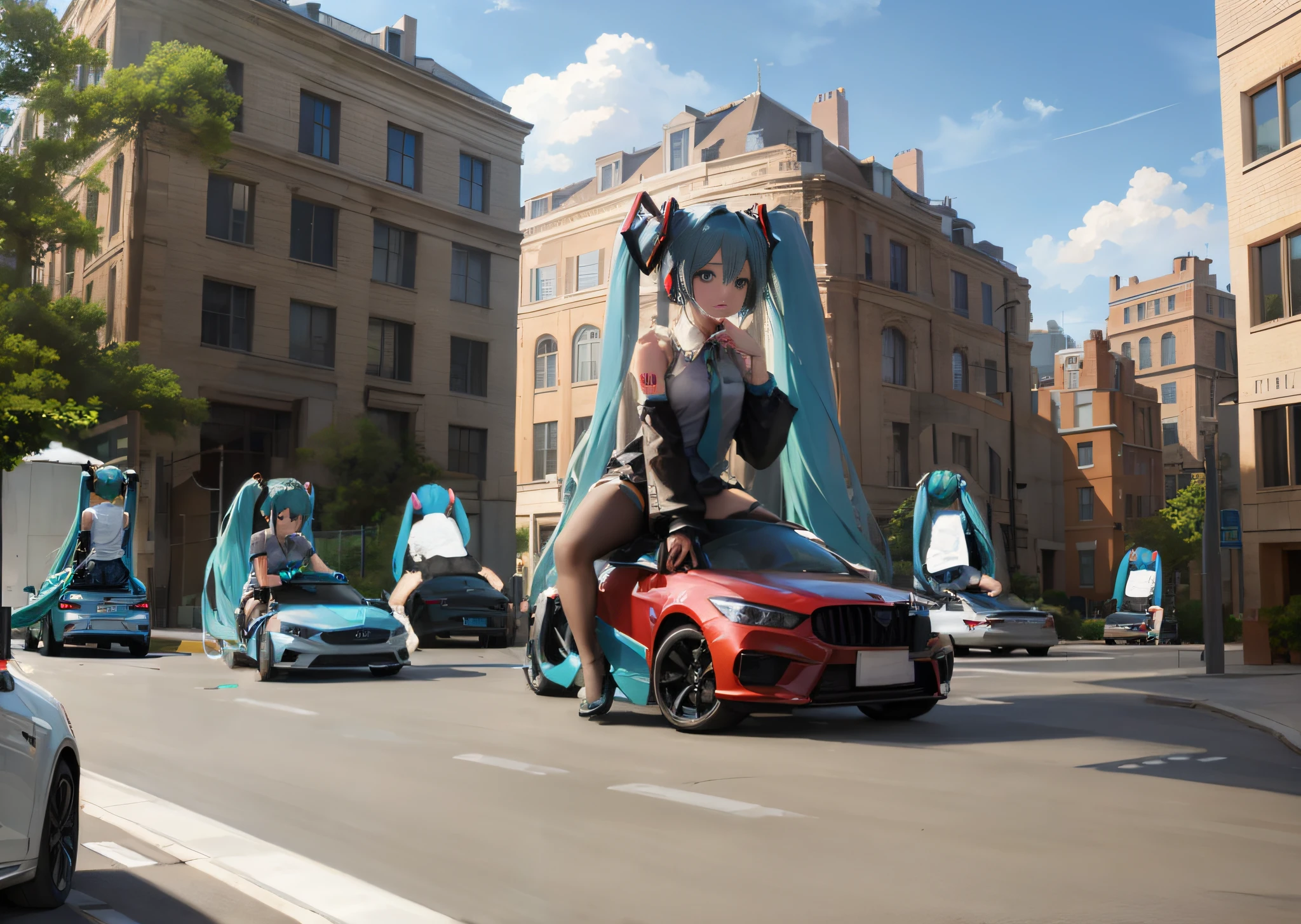 Lots of Hatsune Miku straddling cars,