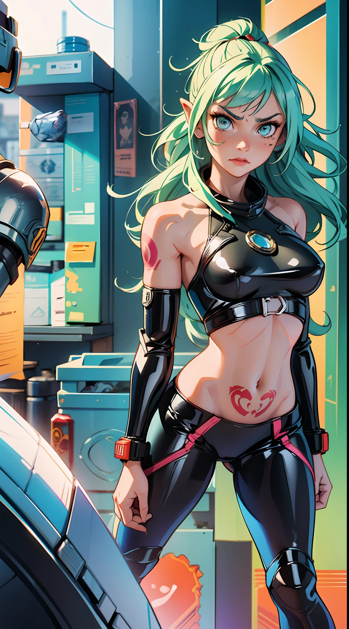 Cyborg girl, beautiful body, aesthetics of the female body, space robber, upholstered with leather belts, bright latex suit, bandages on the body, bandaged wounds, angry and preparing for battle, plastic bright armor details, tattoos on the body, full-length, full body, space, ship cabin, a lot of details, meticulous detailing, ultra detailing, the atmosphere of a good fairy tale