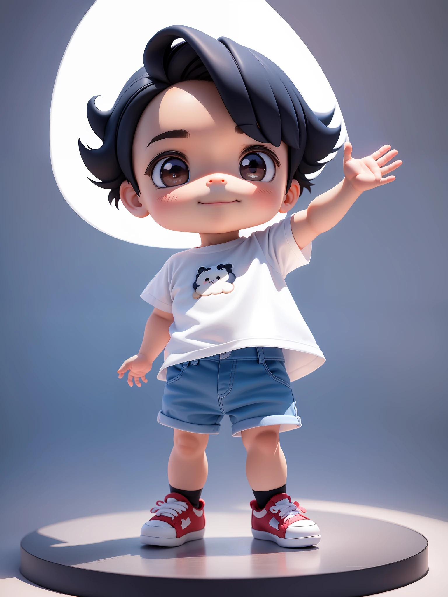 Chino,super deformed,chibi,super deformed,3d render,c4d;toys style,Disney cartton style,white background,
Create an incredibly cute image of a boy at the age appearance of 2 years. They should have big, puppy-dog eyes, short black hair, a charming smile, Their skin should be dark , They should be dressed in a white T-shirt, blue jeans, and sneakers, raising their hand to say hi to the camera.
Dreamy Atmosphere,full body,first-person view,Crepuscular Ray, --ar 1:1 --iw 1.5 --quality 4