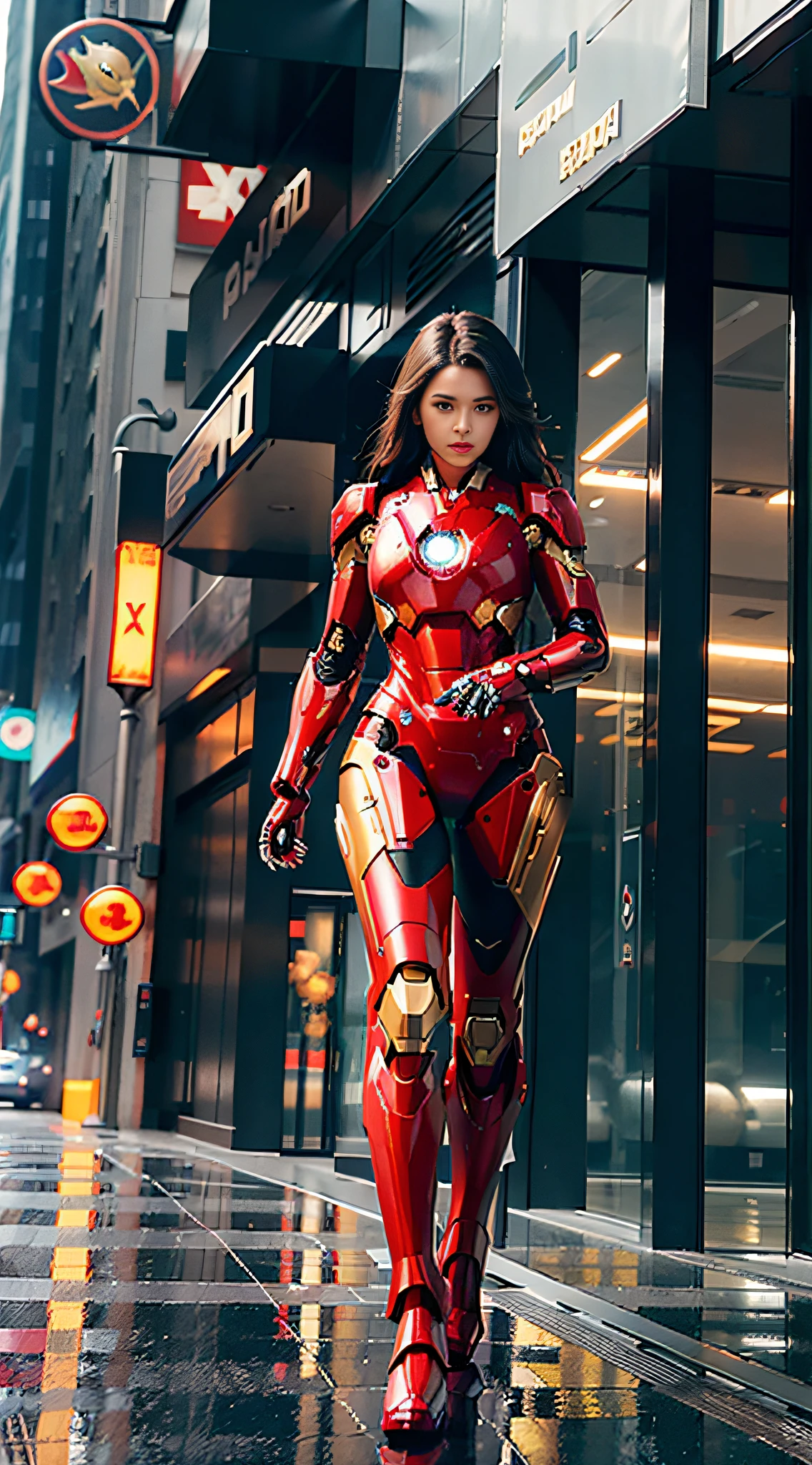 16K, realistic, charismatic, very detailed, a 20 year old girl a sexy and charming woman inspired by Iron Man and wearing a shiny Iron Man mech. Her dress shows sexiness and confidence, perfectly interpreting the power and charm of Iron Man. Set in cyberpunk-style city nightscapes, a sexy and glamorous woman is themed around Iron Man's role-play. She wears a shiny Iron Man mech and stands on a street lined with tall buildings. The night lights of the city are brilliant, reflected on her mechs, adding a sense of futuristic technology. The surrounding buildings and streets are filled with cyberpunk elements such as neon lights, high-tech installations, and futuristic architectural designs. The whole scene is full of futuristic and sci-fi atmosphere. This high-definition, high-quality image will bring you a stunning visual enjoyment, combining sexy, futuristic and sci-fi elements. oc rendering, dramatic lighting, award-winning quality, full body, realistic, (photorealistic, polished, depth of field), raw, masterpiece, super fine photo, best quality, super detail, beauty and aesthetics, beautiful, masterpiece, best quality, masterpiece: 1.2, best quality) best quality, masterpiece, super high resolution, realistic, ultra-realistic detail, sharp focus,