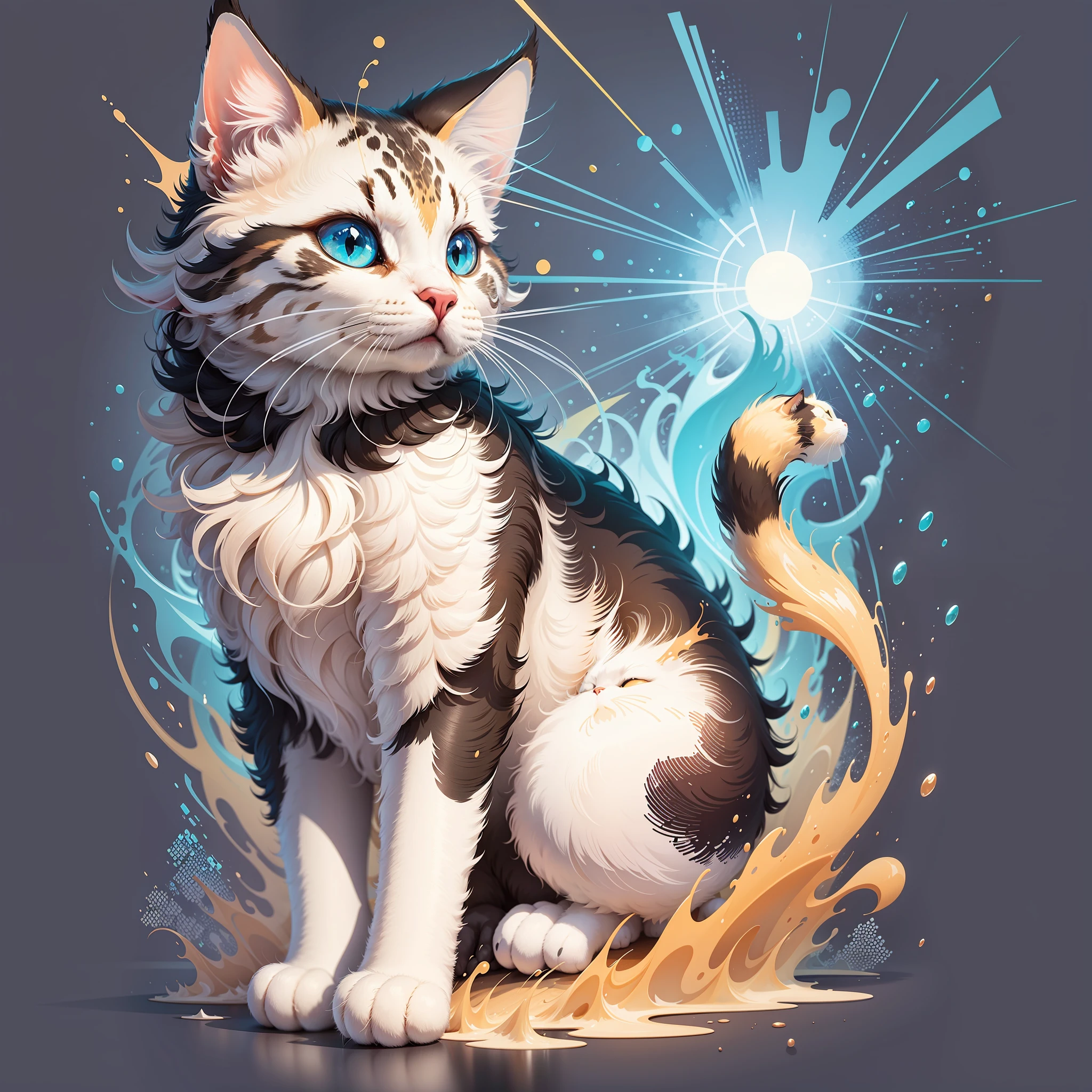 [Splash style cat] + [Solid white background] + [Vector illustration, dynamic brush strokes] + [Graphics Engine Leonardo Diffusion, Rendering Engine Leonardo style,  Prompt Magic v2, 2024x2024 Px, Guidance Scale 7 ,  Strength 0.4 --auto --s2