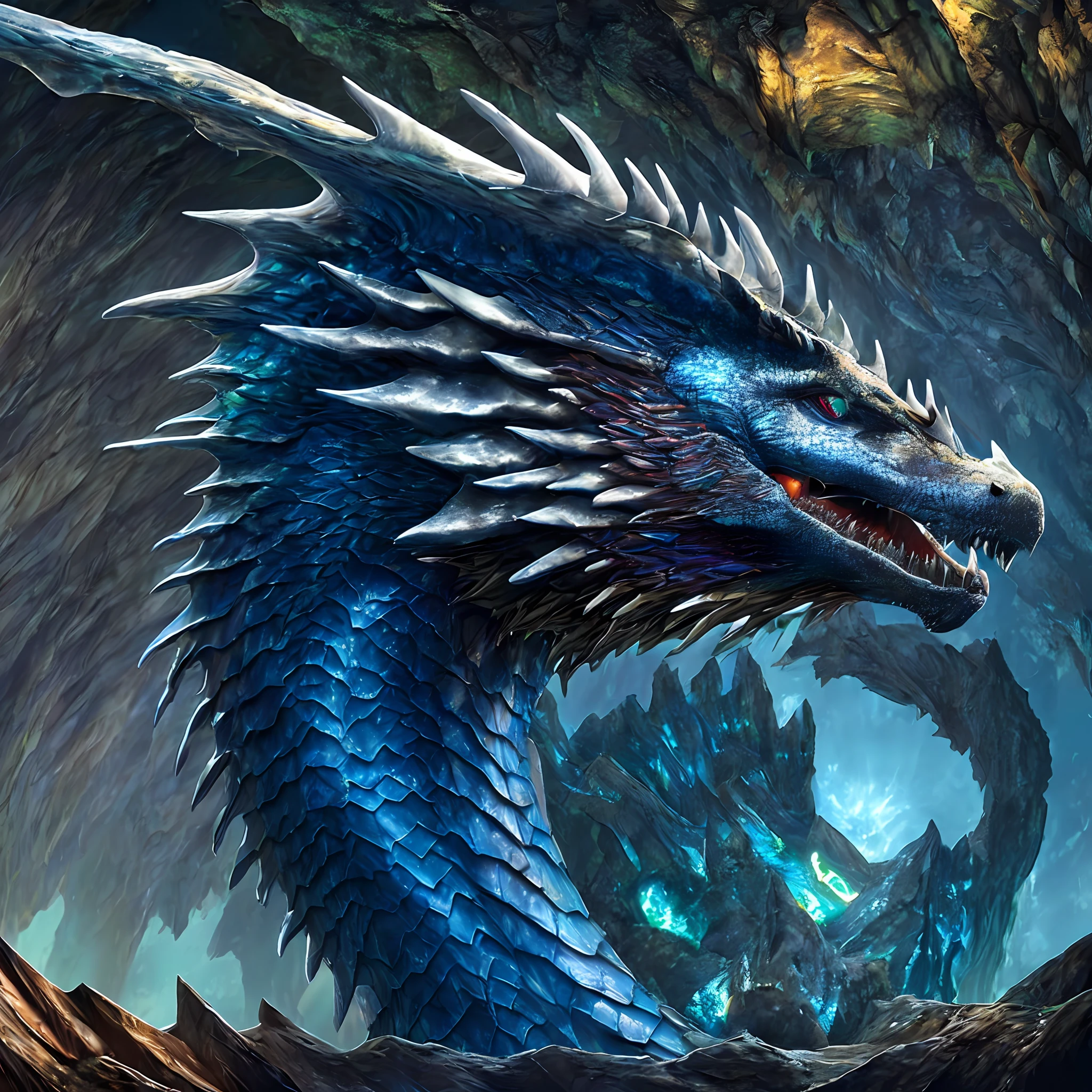 Please generate a high-quality, realistic AI image of a majestic dragon with iridescent scales, towering inside a dimly lit mythical cave. The cave is adorned with glittering stalactites and stalagmites, casting ethereal hues of blue and green throughout the cavern. A soft glow emanates from the dragon's fiery breath, illuminating the surrounding area and highlighting the intricate details of its rugged scales and piercing eyes. The dragon's massive wings are partially unfurled, creating an imposing presence as it guards its treasure hoard nestled amidst the gleaming stalagmites. The atmosphere is filled with a sense of ancient mystery and the anticipation of a formidable encounter with this legendary creature. Please ensure that the AI image captures the essence of this scene, displaying remarkable realism and attention to detail.