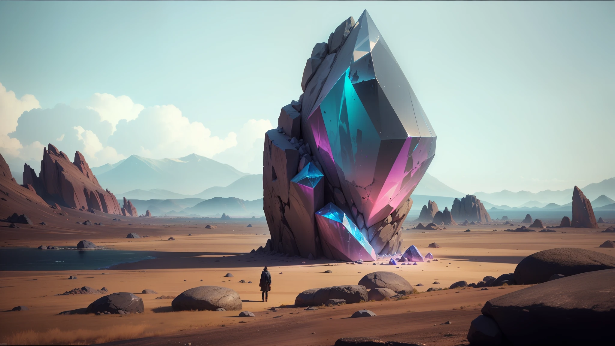 there is a large rock with a large crystal on it, in the art style of filip hodas, embedded with gemstones, key frame, by Louis Mathieu Verdilhan, ozymandias, by Robert Edmonstone, guardian project, anamorphic --auto --s2