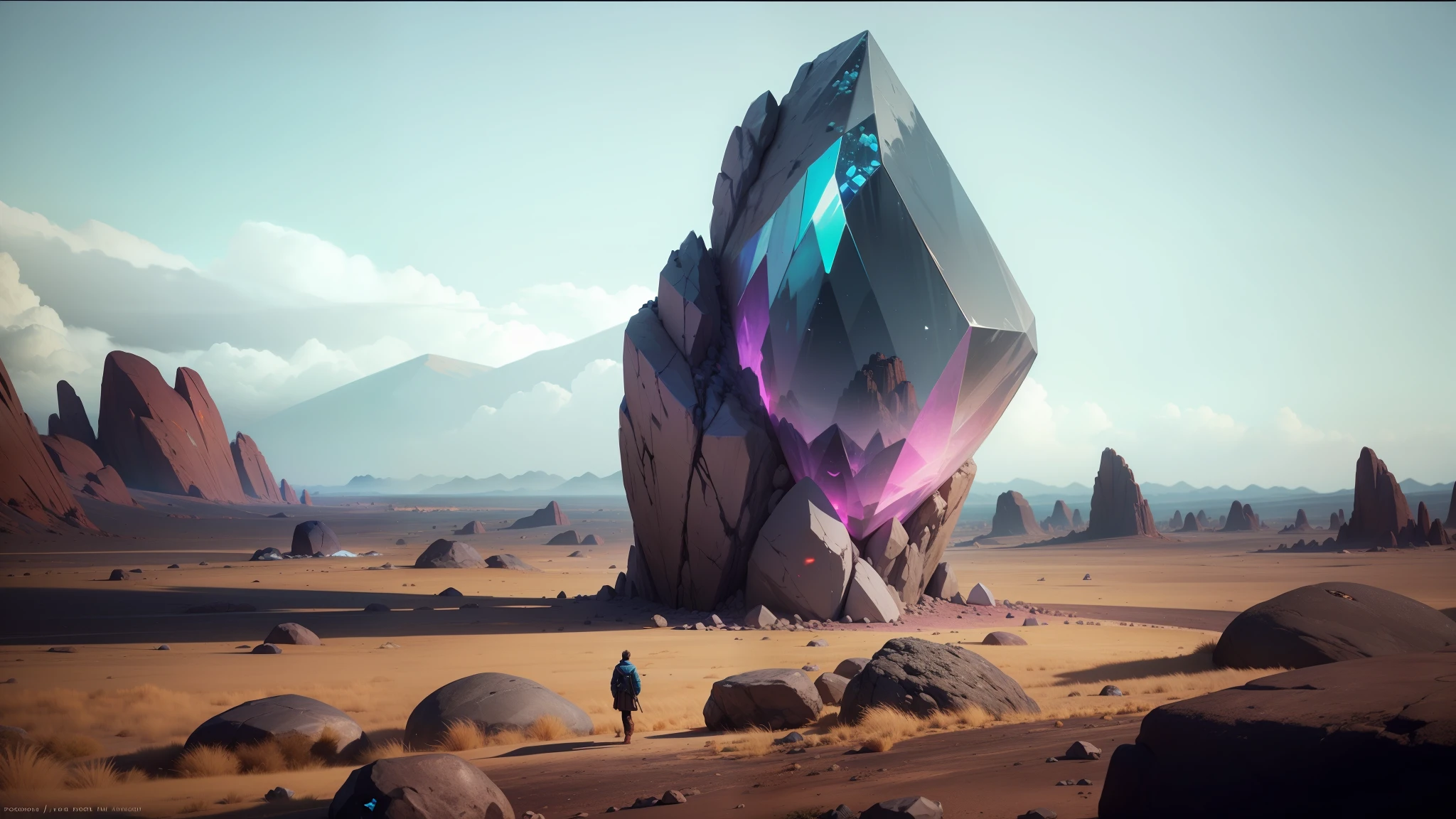 there is a large rock with a large crystal on it, in the art style of filip hodas, embedded with gemstones, key frame, by Louis Mathieu Verdilhan, ozymandias, by Robert Edmonstone, guardian project, anamorphic --auto --s2