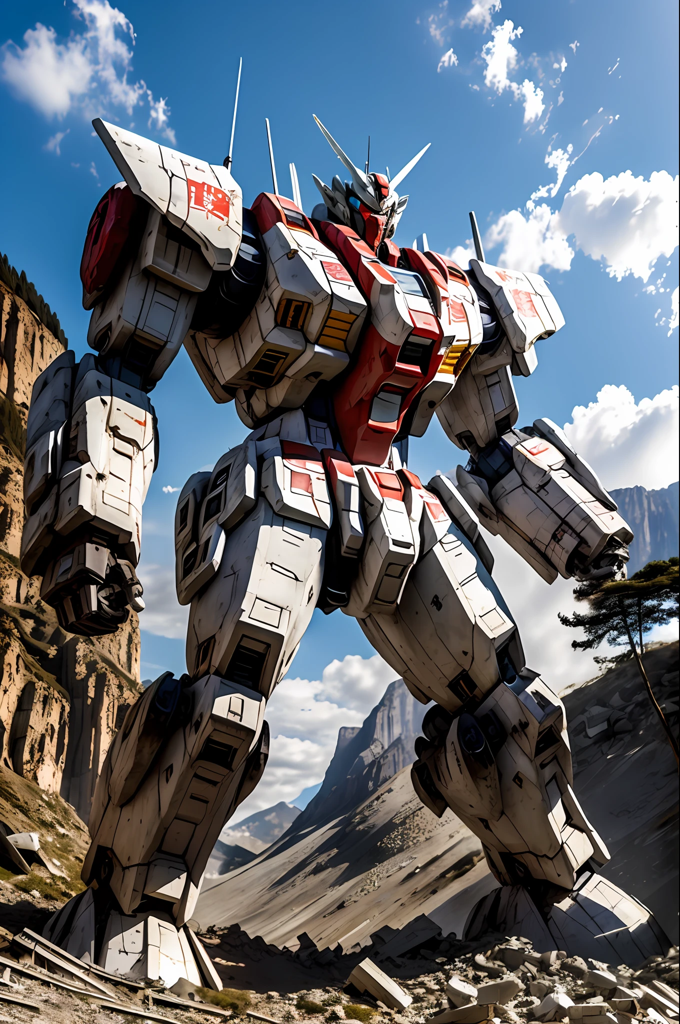 Best Quality, Masterpiece, Ultra High Resolution, Strong Sunlight (Realistic: 1.4), Realistic Photos, Giant Mech, Mountain Yao Gundam, Mecha, No Man, Solo, Epic Robot, Looking Up, Dust, Supermarket Ruins, Future World,