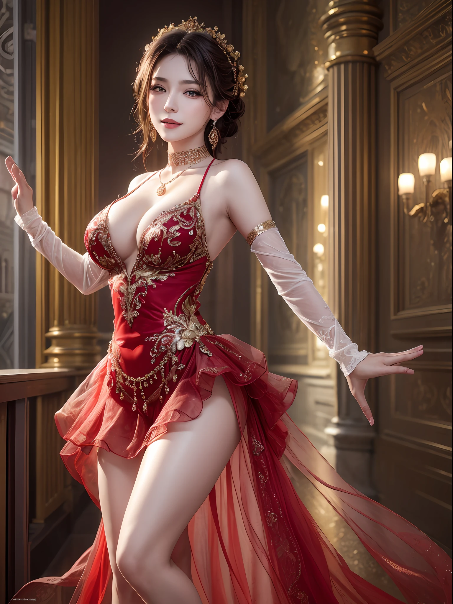 best quality, masterpiece, photo realistic, intricate details, raw photo, photon rendering, octane render, absurdres, ultra detailed, detailed face, detailed skin, trending on artstation, 8k masterpiece, cinematic lighting,trending on cg society,plasticien, a girl doing a ballet dance in a ballroom, smile brightly, slightly opened eyes, wink, glittering, dreamy, wear luxurious dress, necklace, earings, choker, vibrant dress, big breasts, mesmerizing body, chill, ((dance)), fullbody, full shot, in style of red and black