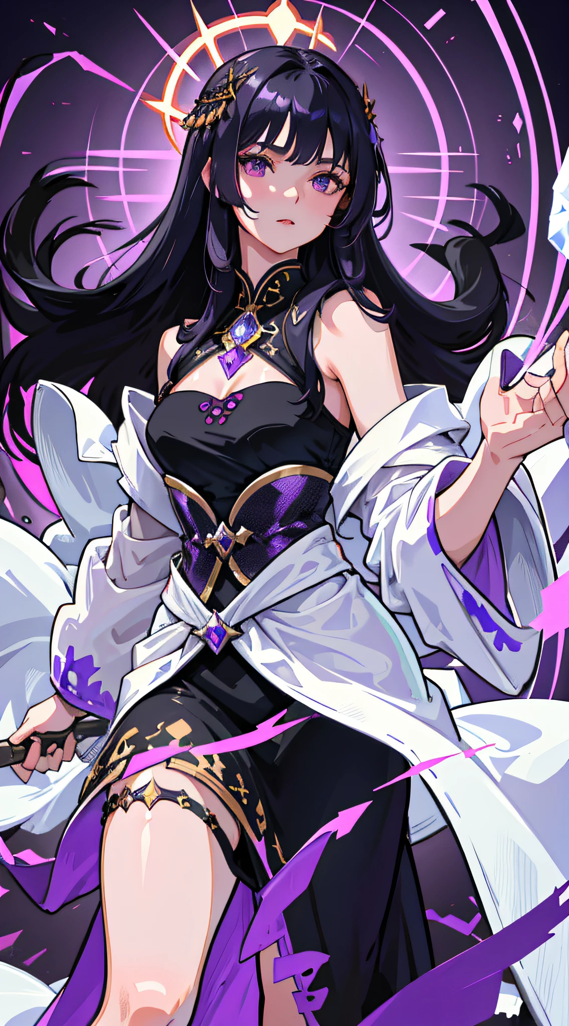 1girl, solo, goddess, flowing clothes, black coloured clothes, goddess robe, purple coloured pattern, detailed clothing, bueatiful face, black hair, long hair, purple eyes, staff with crystal, cowboy shot, detailed background,