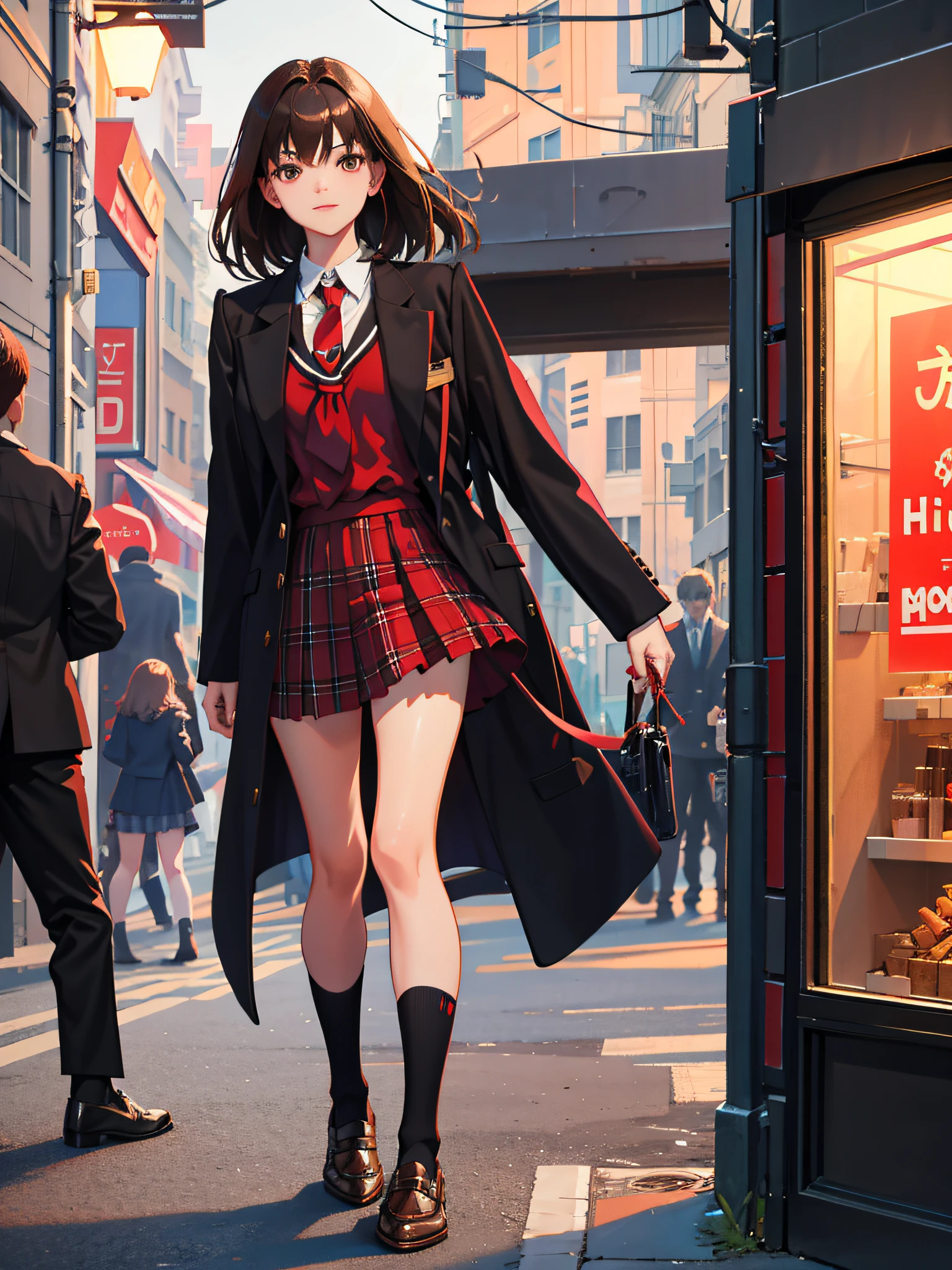 4K, Best Quality, 1 Girl, 18 years old, Brown hair, Waist hair, 3/4 bangs, Red tie, brown coat, liver plaid pleated skirt, Girl, School, Black calf socks, leather shoes, Night busy street