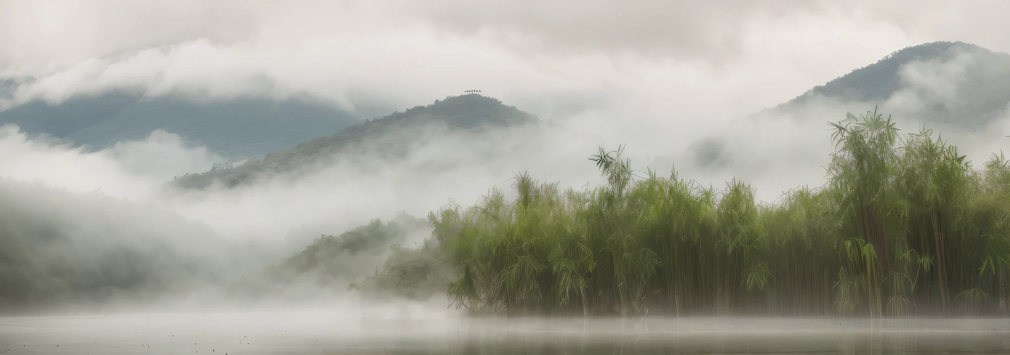 Bamboo forest in fog lake, misty swamp, fog on the surface of the water, with mountains behind --auto --s2