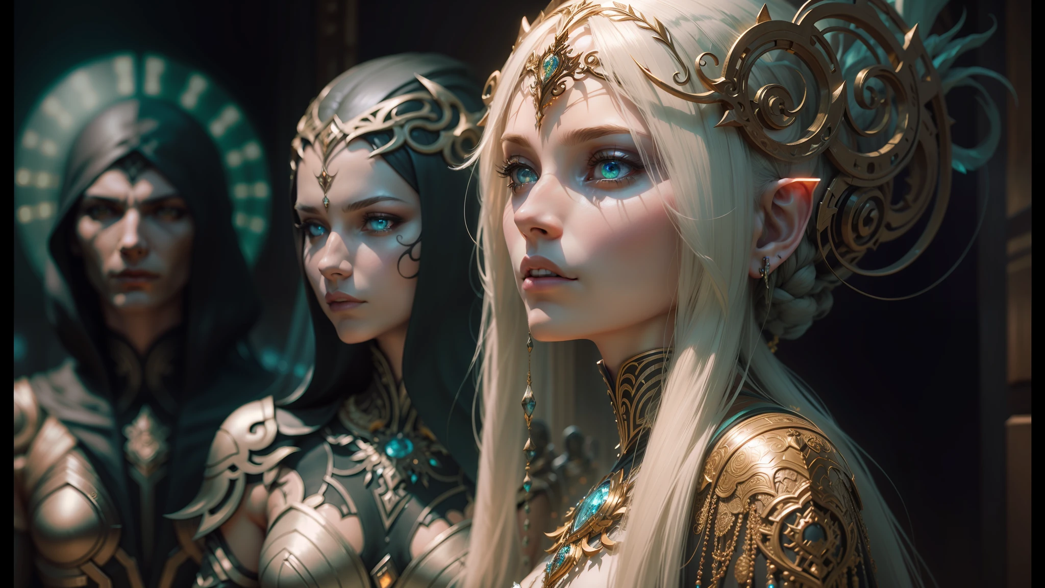 there are two people dressed up in costumes standing together, inspired by Lise Deharme, intricate futuristic led jewelry, photo-realistic unreal engine, trending on character design, beautiful wood elf, metallic sculpture, extremely detailed goddess shot --auto --s2