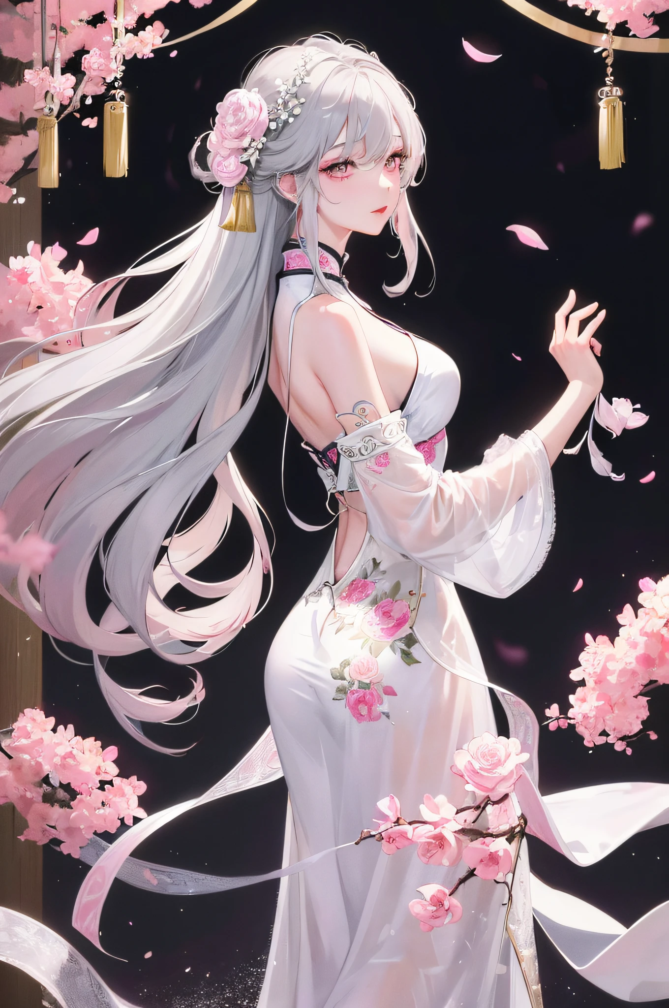 8K Masterpiece Superb Night Full Moon 1 Woman Chinese Style Chinese Architecture Mature Woman Sister Silver White Long Hair Woman Long Hair Light Pink Lips Calm Rational Bangs Gray Pupils Pink Flowers on Head, Flower Background, Petal Dancing, Delicate Face, Delicate Jewelry, Hands Back,