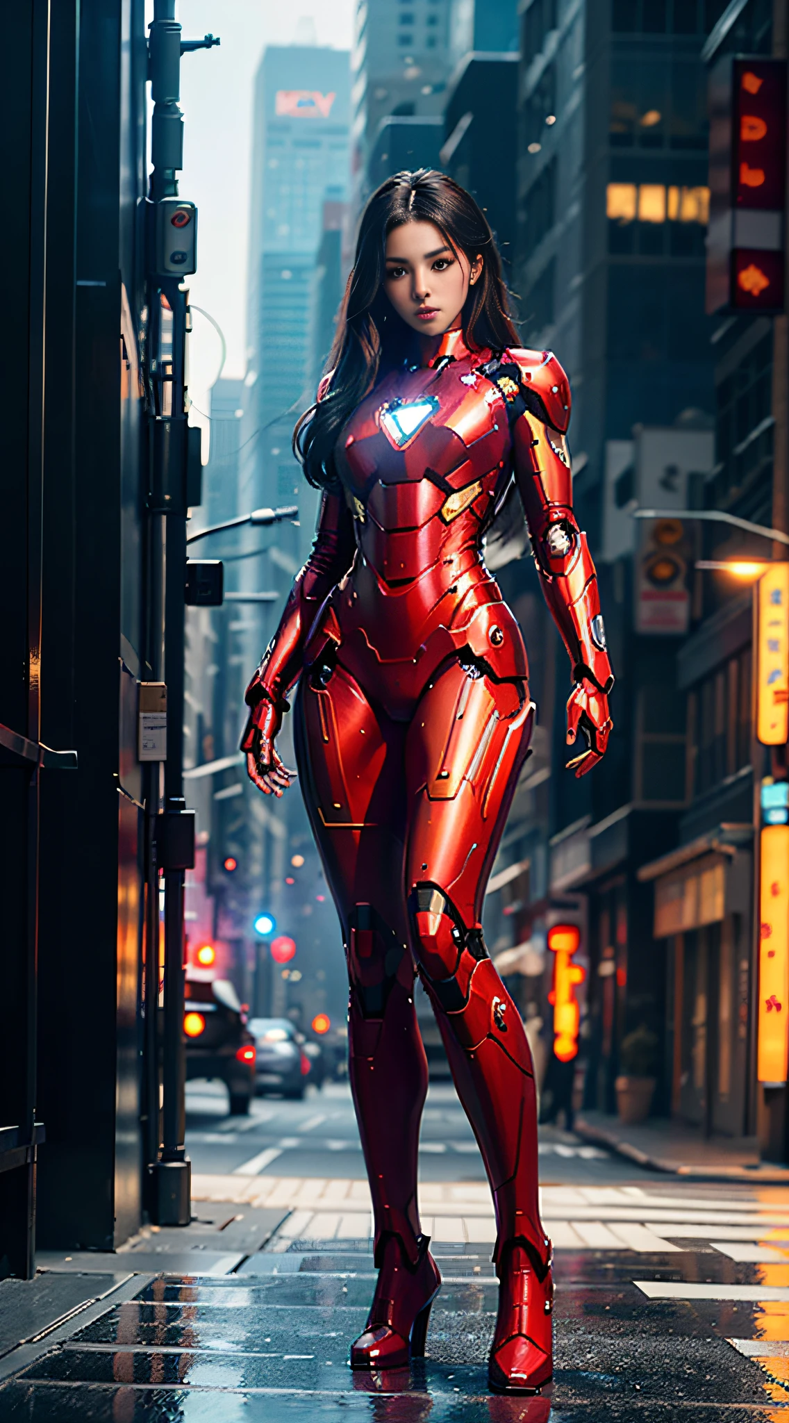 16K, realistic, charismatic, very detailed, a 20 year old girl a sexy and charming woman inspired by Iron Man and wearing a shiny Iron Man mech. Her dress shows sexiness and confidence, perfectly interpreting the power and charm of Iron Man. Set in cyberpunk-style city nightscapes, a sexy and glamorous woman is themed around Iron Man's role-play. She wears a shiny Iron Man mech and stands on a street lined with tall buildings. The night lights of the city are brilliant, reflected on her mechs, adding a sense of futuristic technology. The surrounding buildings and streets are filled with cyberpunk elements such as neon lights, high-tech installations, and futuristic architectural designs. The whole scene is full of futuristic and sci-fi atmosphere. This high-definition, high-quality image will bring you a stunning visual enjoyment, combining sexy, futuristic and sci-fi elements. oc rendering, dramatic lighting, award-winning quality, full body, realistic, (photorealistic, polished, depth of field), raw, masterpiece, super fine photo, best quality, super detail, beauty and aesthetics, beautiful, masterpiece, best quality, masterpiece: 1.2, best quality) best quality, masterpiece, super high resolution, realistic, ultra-realistic detail, sharp focus,