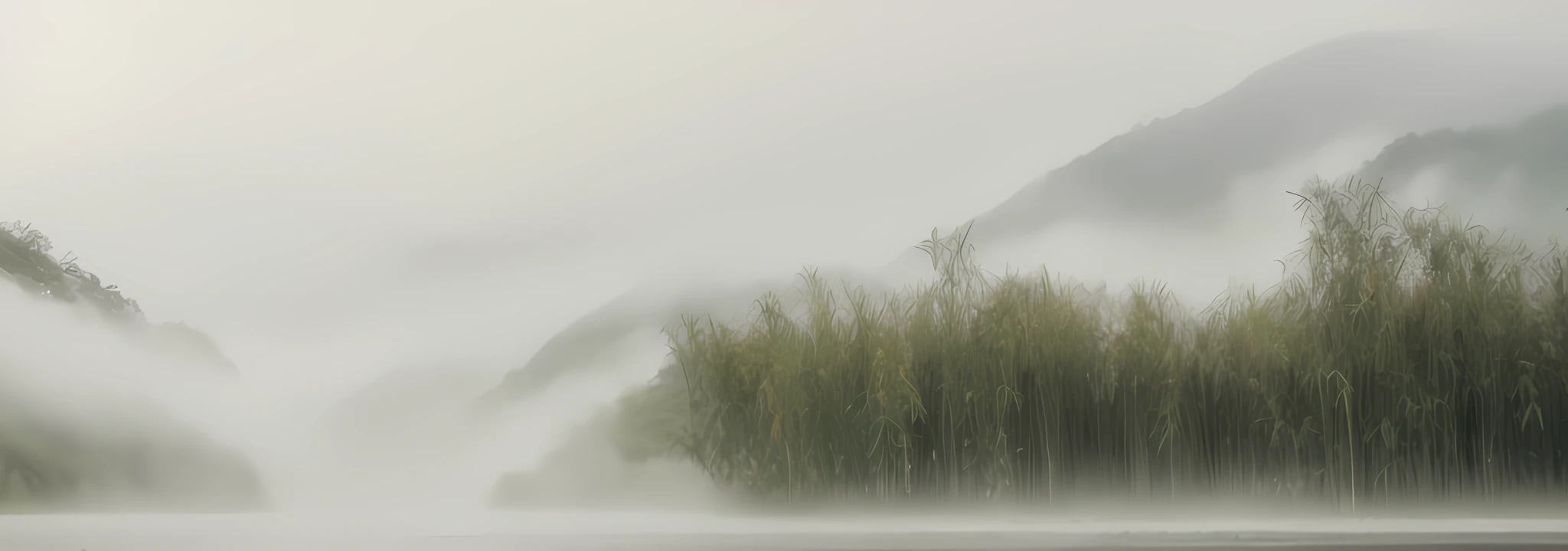 Bamboo forest in fog lake, misty swamp, fog on the surface of the water, with mountains behind --auto --s2