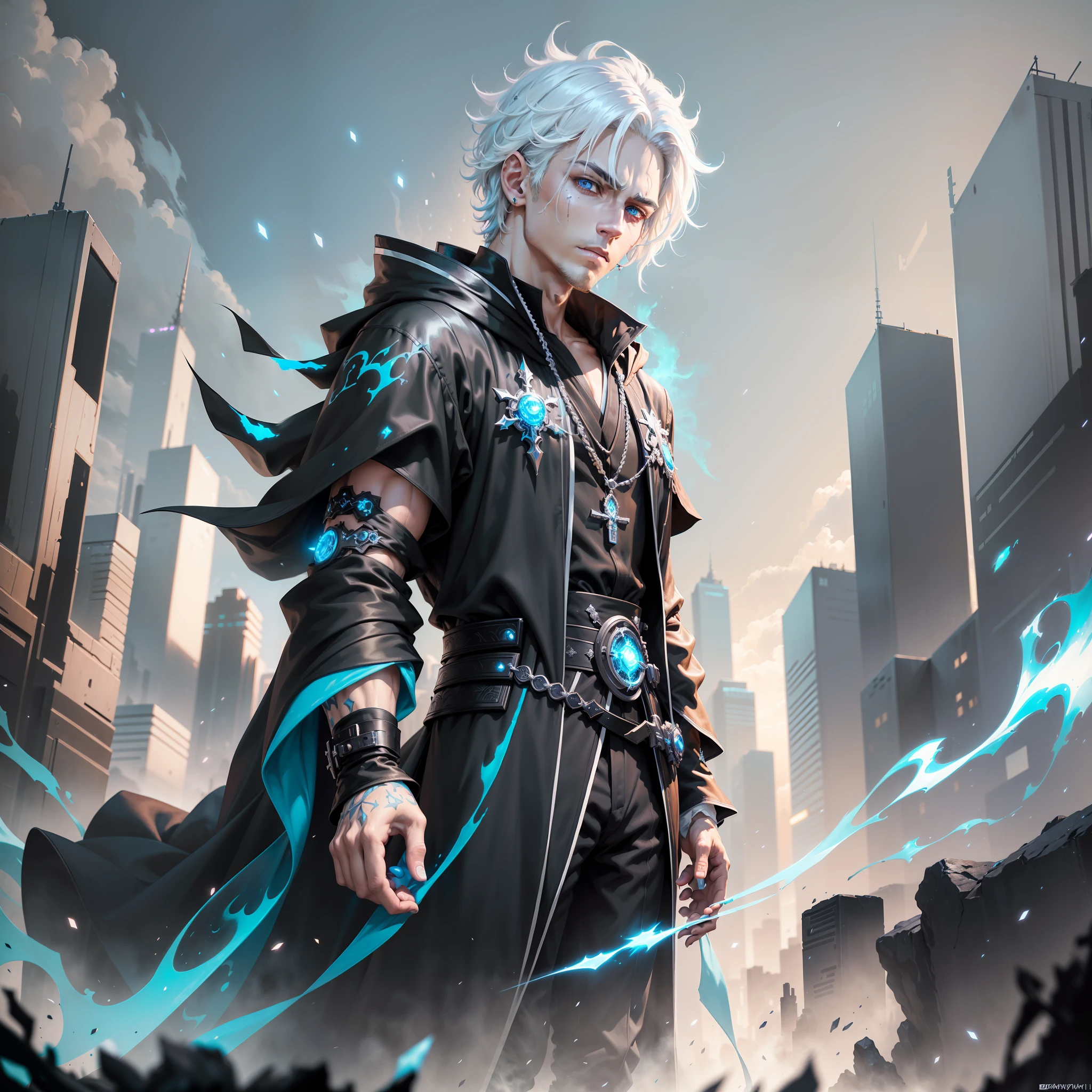 cyberpunk man, fantasy world, dark background, clean design, epic Instagram, artstation, colorful paint splash, silhouette, ultra-detailed intricate details, unreal engine, fantasy, complex details, splash screen, complementary colors, fantasy concept art, 8k resolution, deviantart masterpiece, oil painting, heavy stroke, paint dripping, (isolated on white background: 1.3), rainbow skin, (((handsome young man))), (( age:1.5)), (glowing blue eyes), ((eyes with light)), (((short white hair: 1.1))), ((black)), (prince \\ (indifferent expression\\), (((wearing high-detail luxury black robes))), white hair