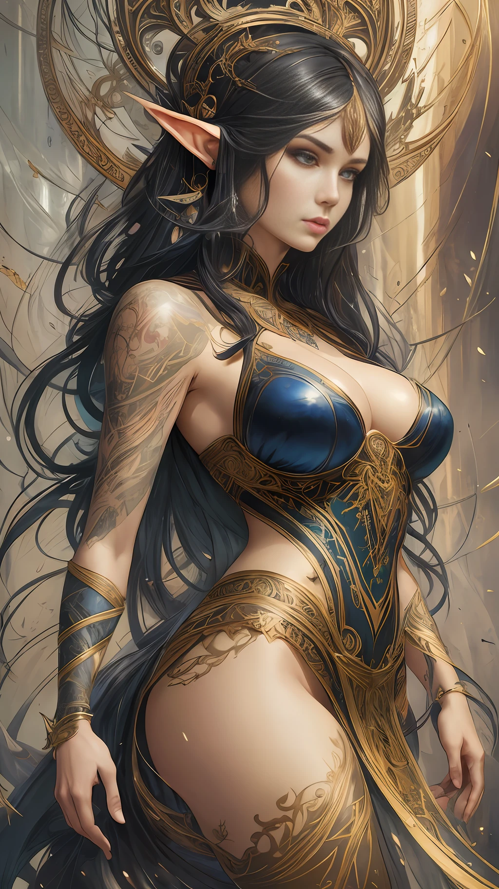 a beautiful full figure painting of perfect female elf woman, shapeless long hair, black hair, white hair, huge mammaries, perfect features, wearing Rococo style dress, art by Carne Griffiths and Wadim Kashin Concept art, ethereal background, abstract beauty, stand, near perfection, pure form, Golden Ratio, minimalism, unfinished, concept art, By Brian Froud and Carne Griffiths and Wadim Kashin and John William Waterhouse, intricate detail, 8k post-production, High resolution, super Detail, art station Trends, sharp focus, studio photos, intricate detail, Very detailed, By Greg Rutkowski --auto --s2