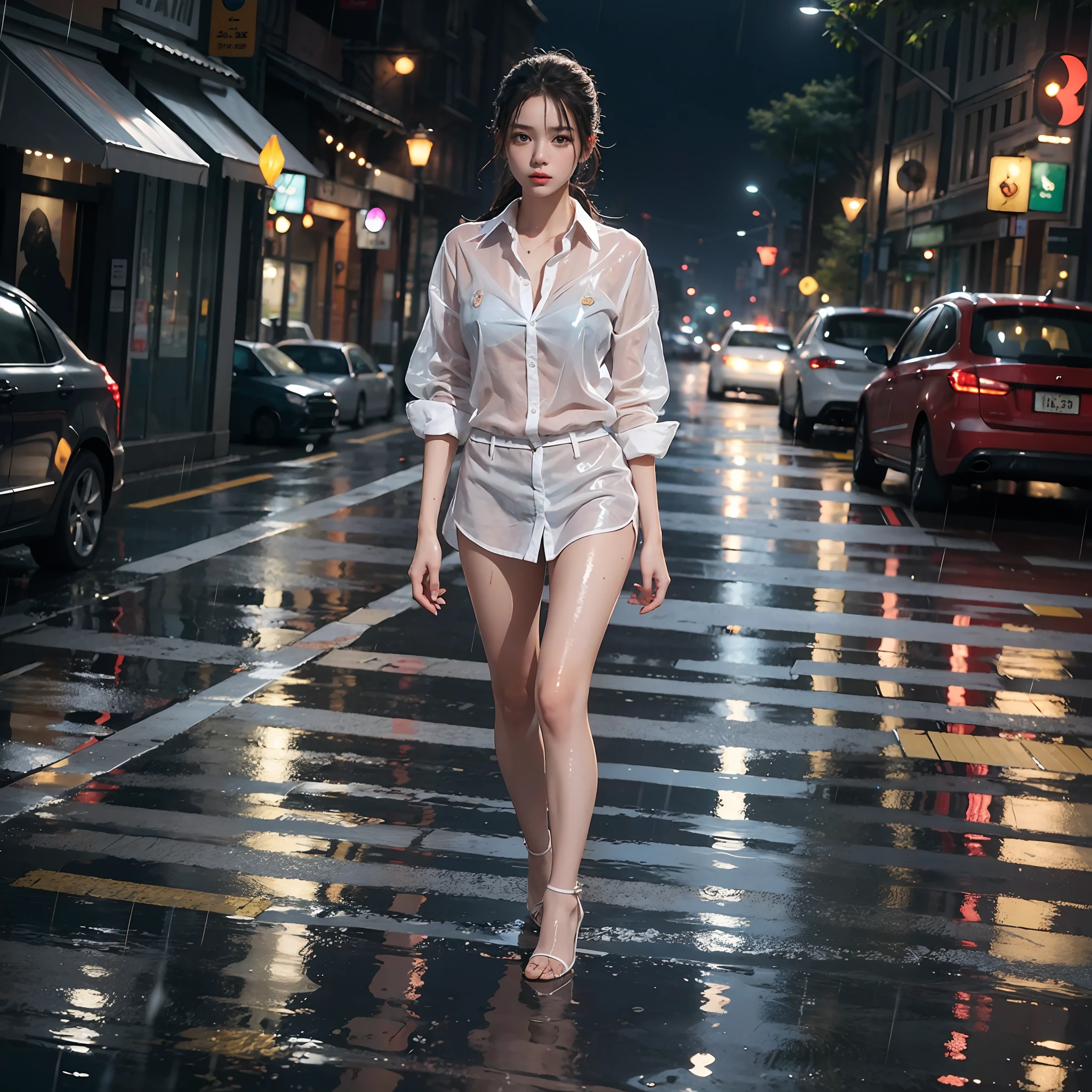 8k, RAW photo, top quality, masterpiece, young pretty lone girl walking on city street in heavy rain, big, beautiful long legs, shirt wet in rain and skin see-through, white shirt, high heels, street wet reflection from rain