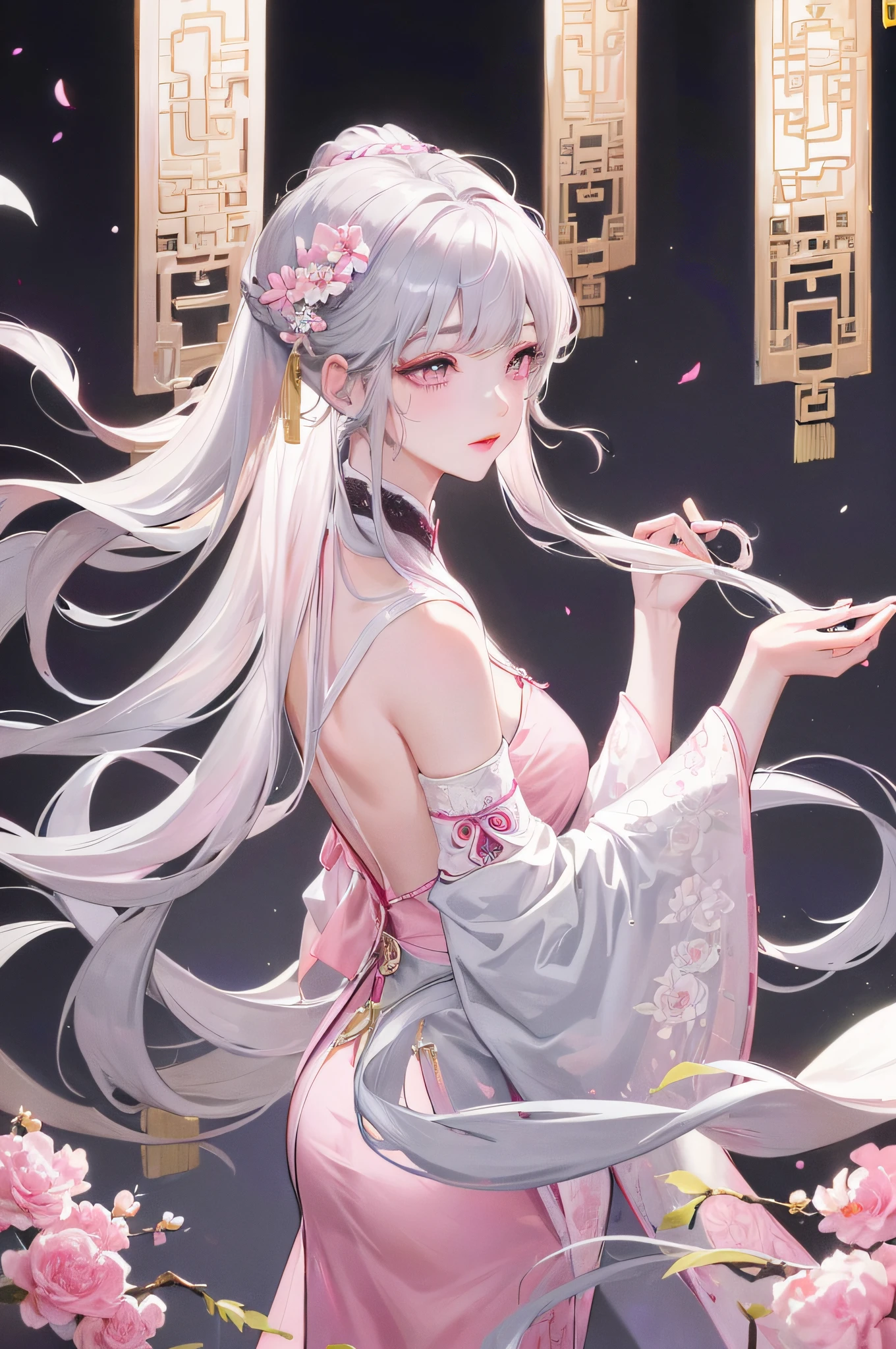 8K Masterpiece Superb Night Full Moon 1 Woman Chinese Style Chinese Architecture Mature Woman Sister Silver White Long Hair Woman Long Hair Light Pink Lips Calm Rational Bangs Gray Pupils Pink Flowers on Head, Flower Background, Petal Dancing, Delicate Face, Delicate Jewelry, Hands Back,