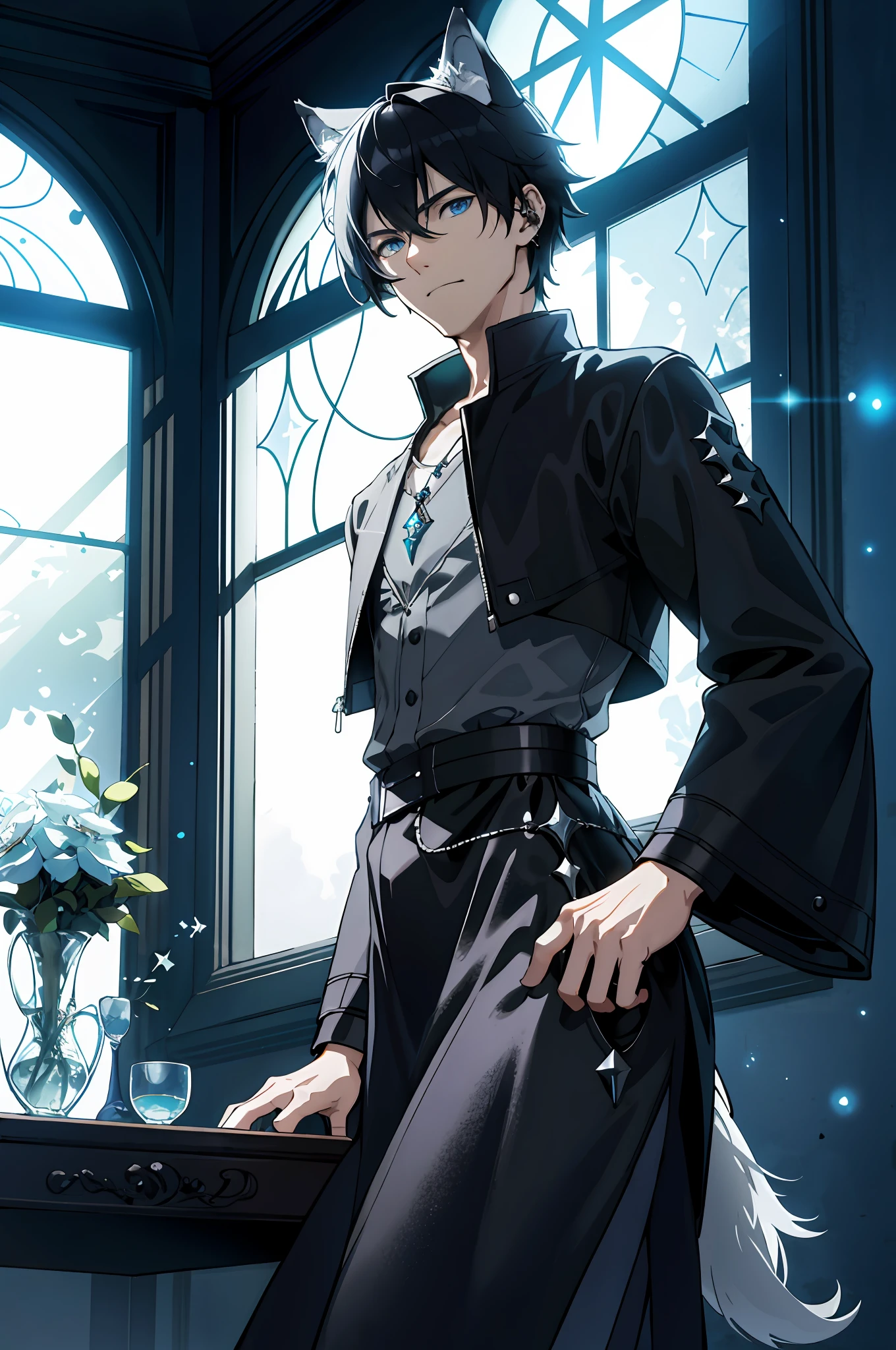 ((Masterpiece)), Best Quality, ((1 man)), ((solo)), adult, tall, muscular, handsome, inflated abs, ((black blue hair, blue eyes)), medium hair length, hands in pockets, bangs to the eyes, tousled hair, cold look, (fair skin), bruises under the eyes, wolf ears, ((wolf fluffy tail)), sharp fangs, deep neckline on the chest, ((finely detailed eyes: 1.3)), ear piercings, (intricate details), wizard, spell book with a variety of spells, potion bottles with various ingredients, (details on clothes:1.2), HD, 8K, ancient magic laboratory, detailed background, ((silver jewelry)), dark room, ((pale colors)), full-length, white lily flowers, stroke drawing, ((solo)), stone walls, many books, potions, alchemical bottles, ((pastel colors, soft transition of shades)), delicate tones, sitting on the windowsill, ((black elegant clothes: 1.3)), (black sweatshirt), ((perfect fingers)), silver rings, (((perfect anatomy))), Ray Tracing, NVIDIA RTX, Super-Resolution, Unreal 5, Subsurface Scattering, PBR Texturing, Post-Processing, Anisotropic Filtering, Depth-Of-Field ,Maximum Clarity And Sharpness, Multi-Layered Textures, Albedo And Specular Maps, Surface Shading, Accurate Simulation Of Light-Material Interaction, Octane Render, Two-Tone Lighting, Low ISO, White Balance, Rule Of Thirds, Wide Aperture, 8K RAW, Efficient Sub-Pixel, Sub-Pixel Convolution, (Luminescent Particles:1.4), {{Masterpiece, Best Quality, Extremely Detailed CG, Unity 8k Wallpaper, 3D, Cinematic Lighting, Lens Flare}},